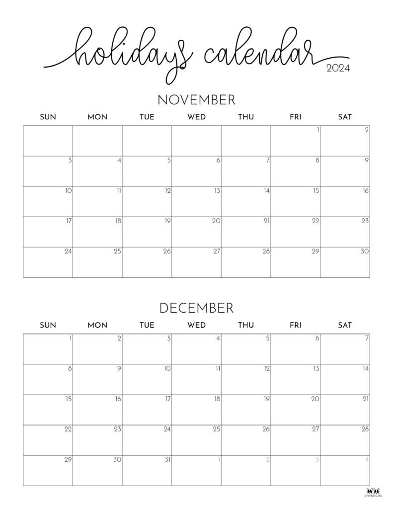 November December 2024 Calendars - 28 Printables | Printabulls with Holiday Printable Calendar November And December 2024