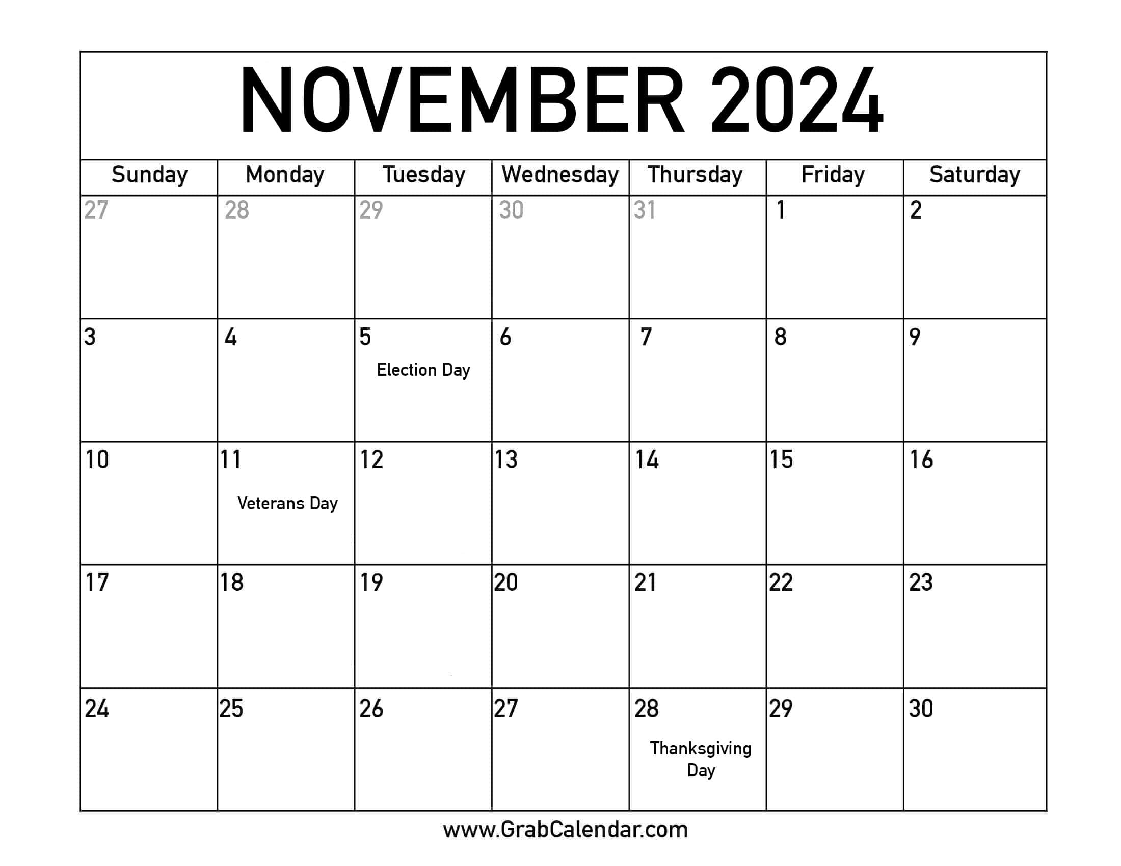 Printable November 2024 Calendar for November 2024 Calendar With Us Holidays Printable