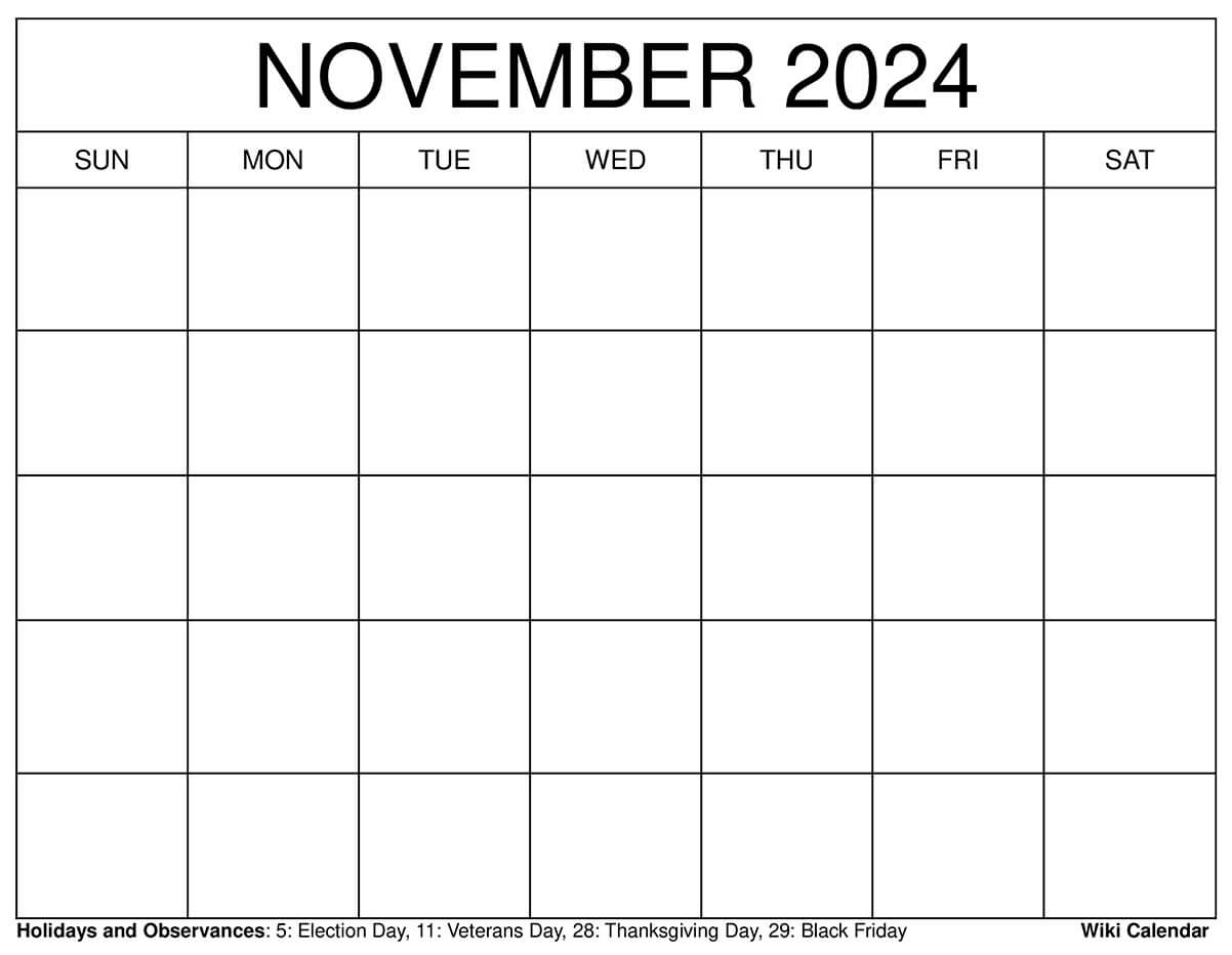 Printable November 2024 Calendar Templates With Holidays - Wiki for Holiday Printable Calendar November And December 2024