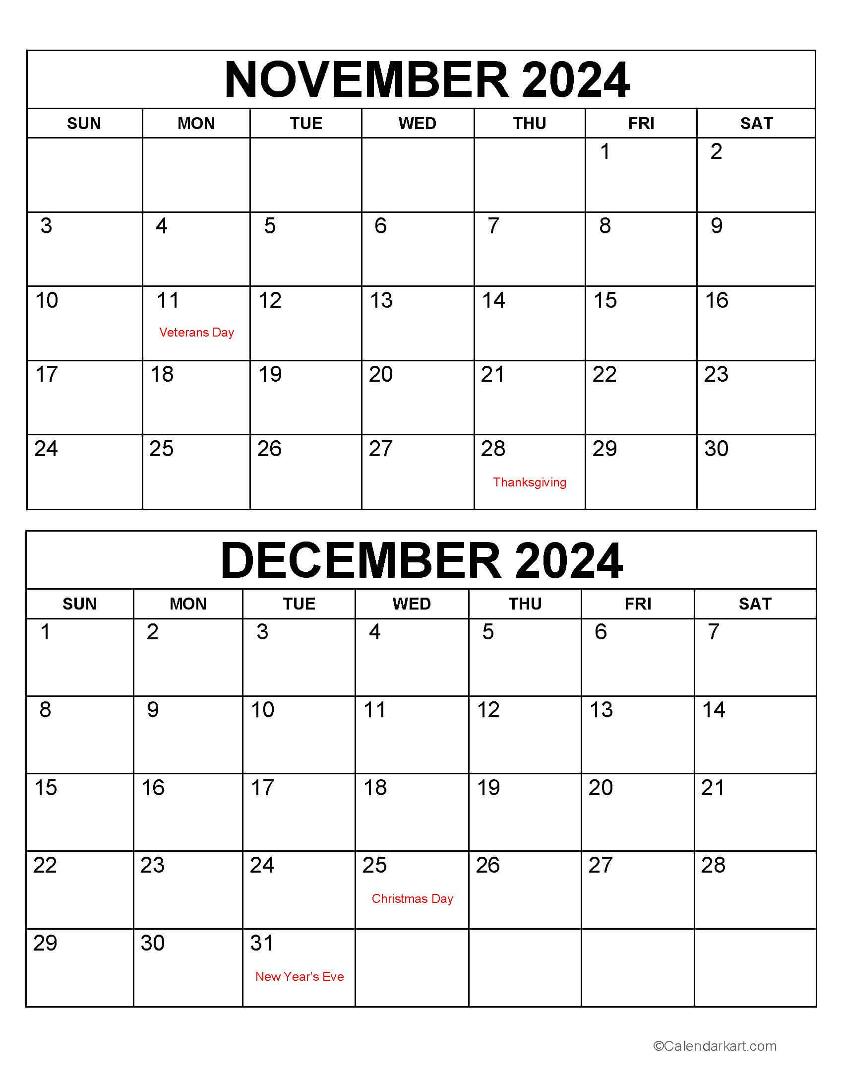 Printable November December 2024 Calendars | Calendarkart with November And December 2024 Calendar Printable With Holidays