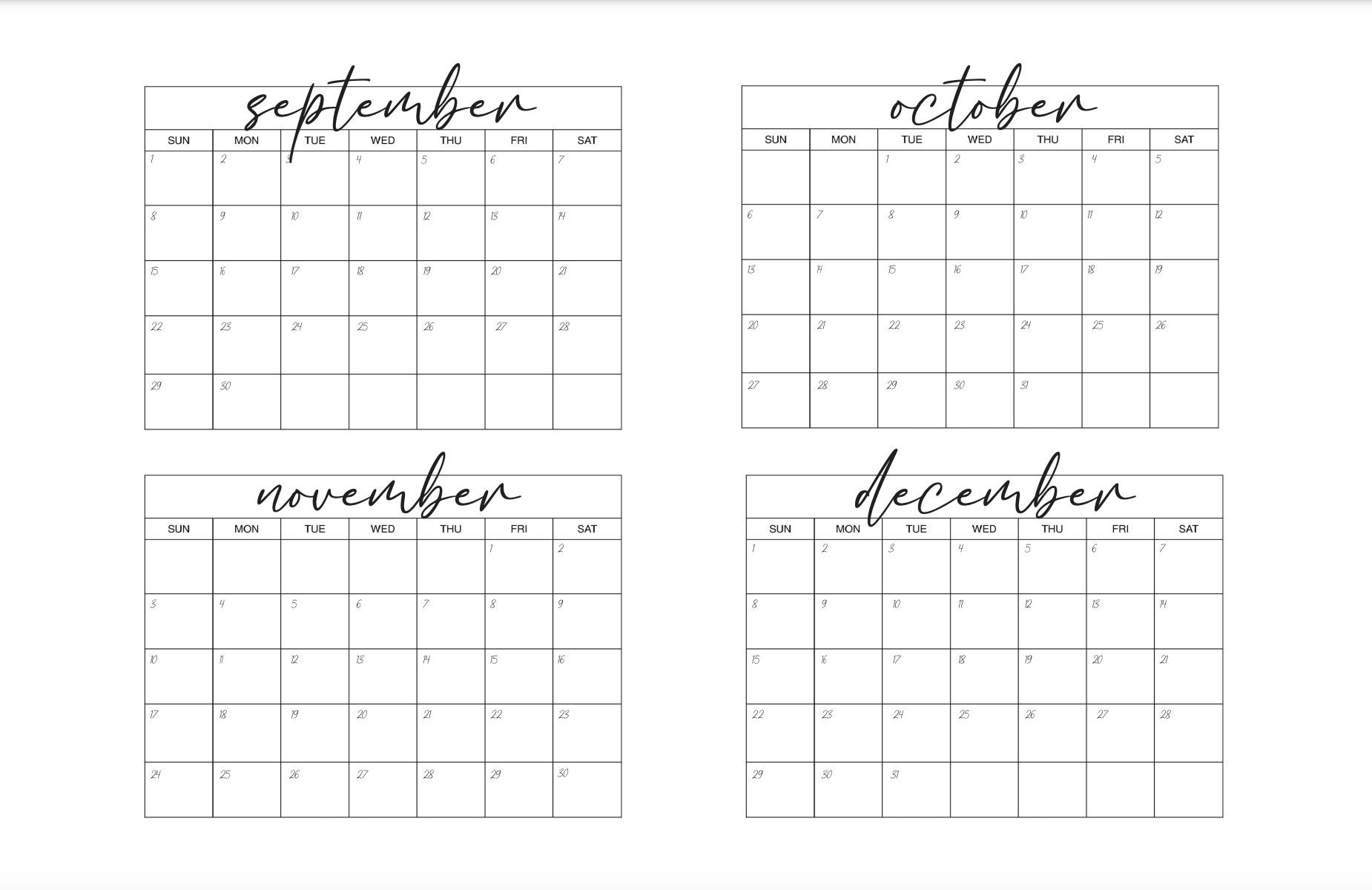 2024 4 Month Calendar Sept-Dec - Etsy Australia inside Calendar September-December 2024 Printable