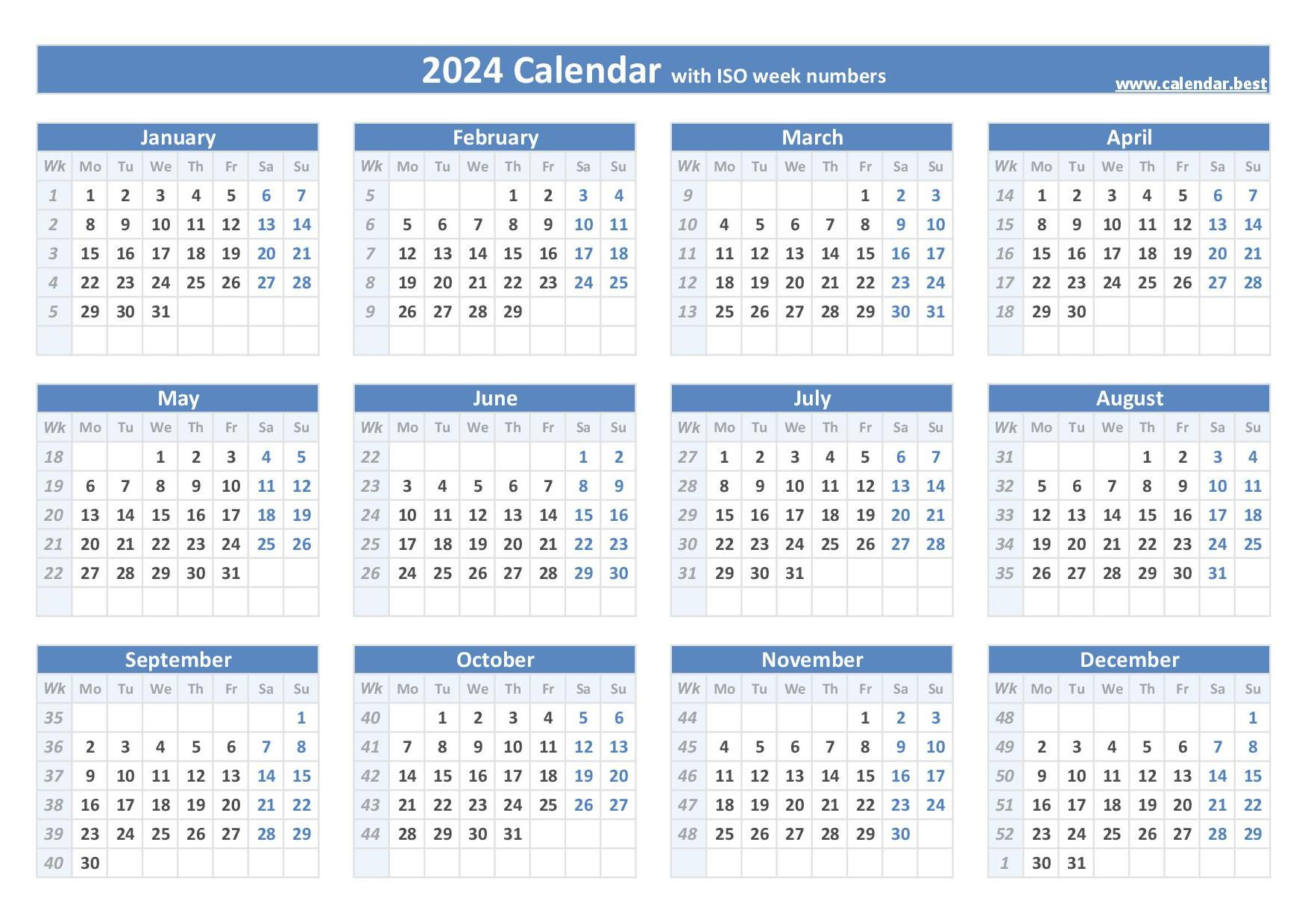 2024 Calendar With Week Numbers (Us And Iso Week Numbers) for 2024 December Calendar With Week Numbers Printable