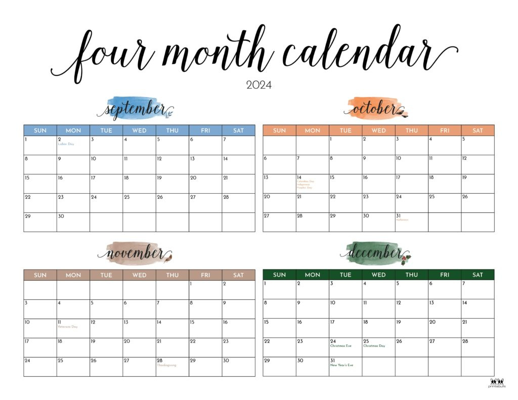 2024 Four Month Calendars - 18 Free Printables | Printabulls inside 4 Month Calendar September To December 2024 Printable