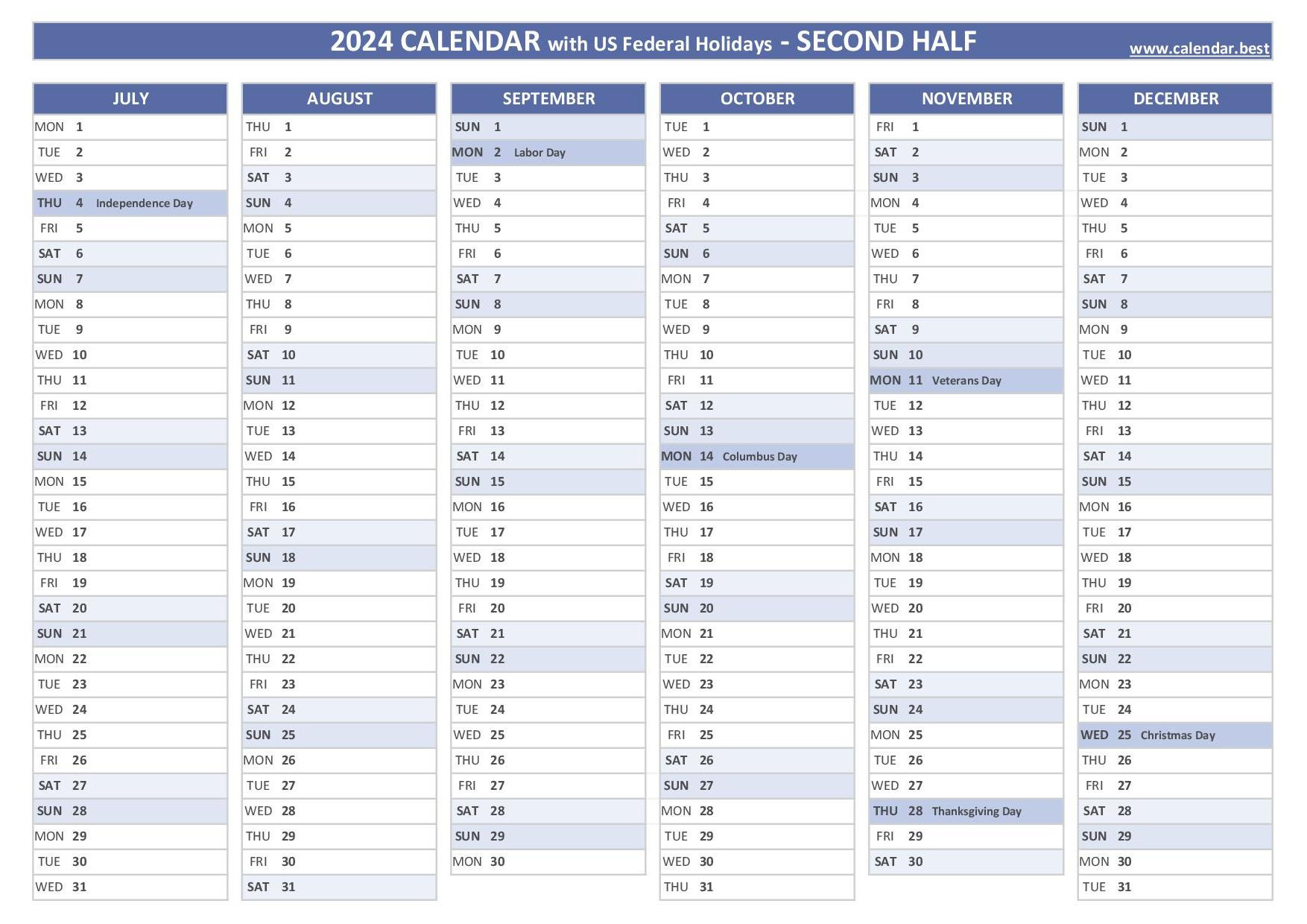 2024 Half Year Calendar To Print for August Through December 2024 Calendar Printable