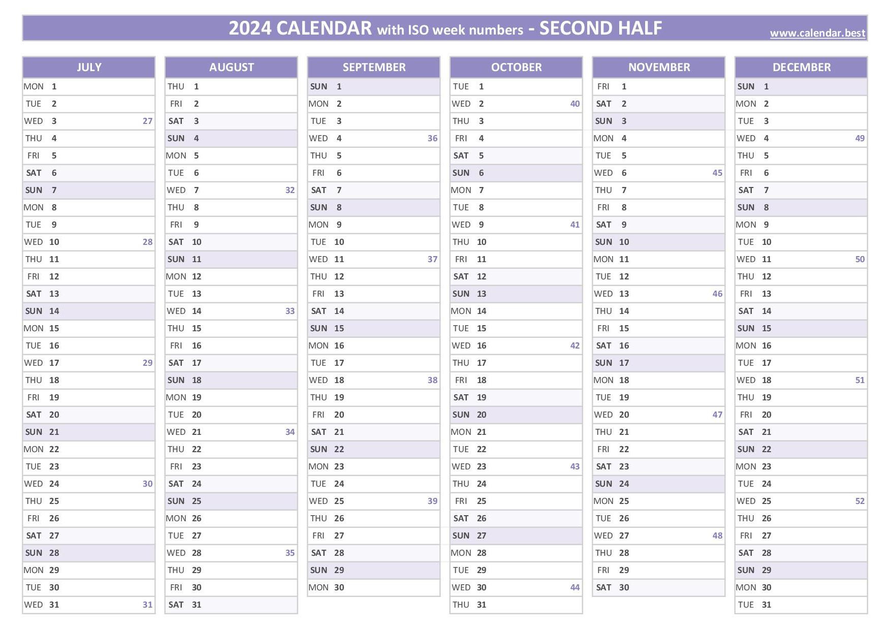 2024 Half Year Calendar To Print inside Calendar 2024 From July To December Printable