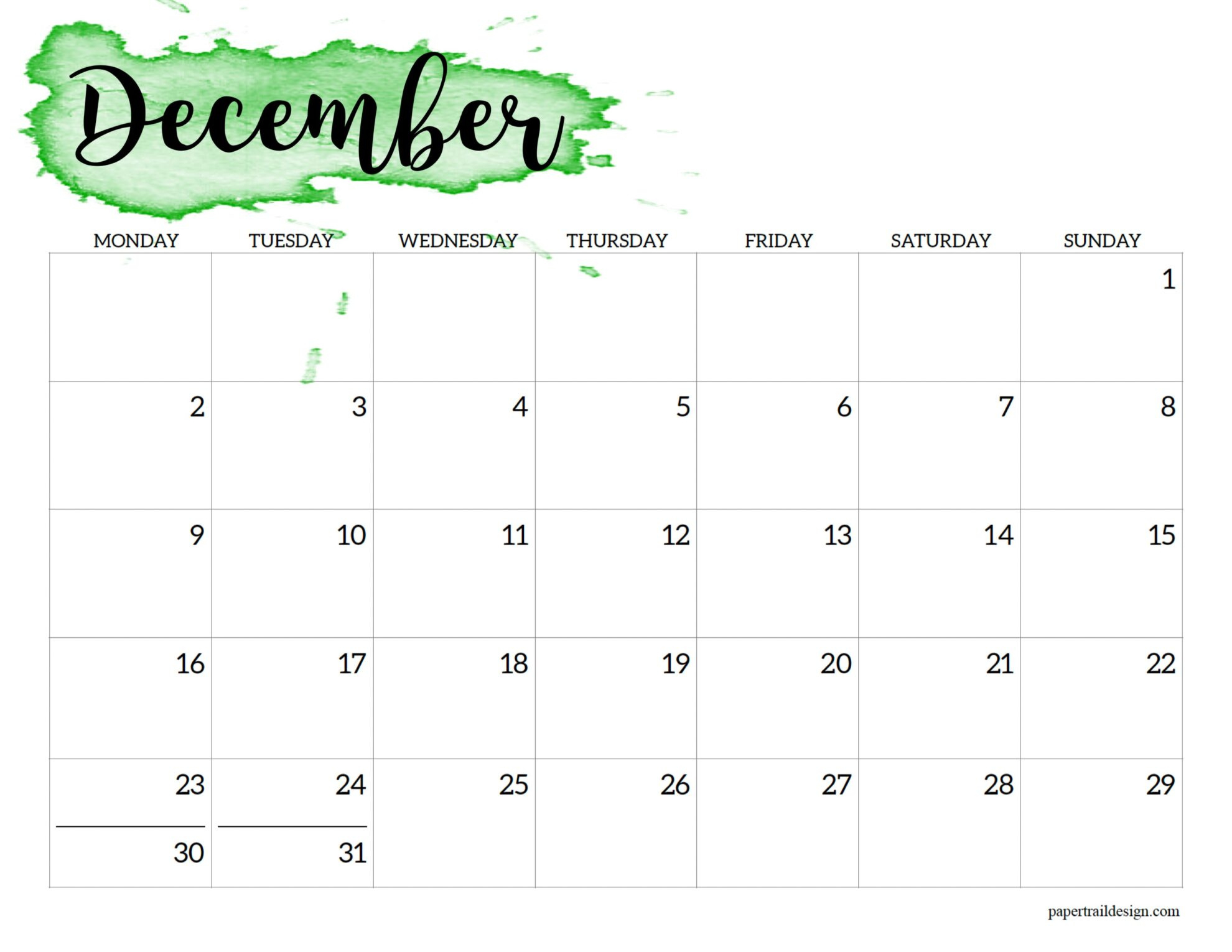 2024 Monday Start Calendar Printable - Watercolor - Paper Trail Design within December 2024 Calendar Printable Start On Monday