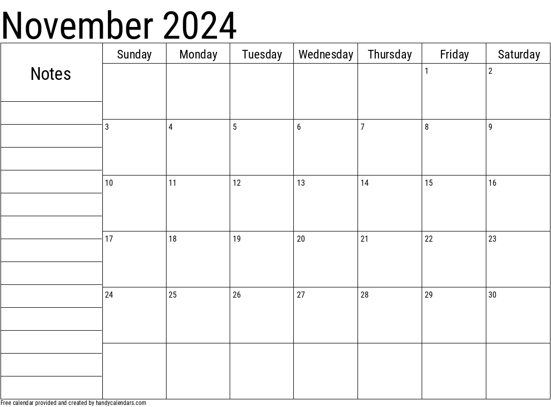 2024 November Calendars - Handy Calendars with regard to November 2024 Calendar Printable With Notes