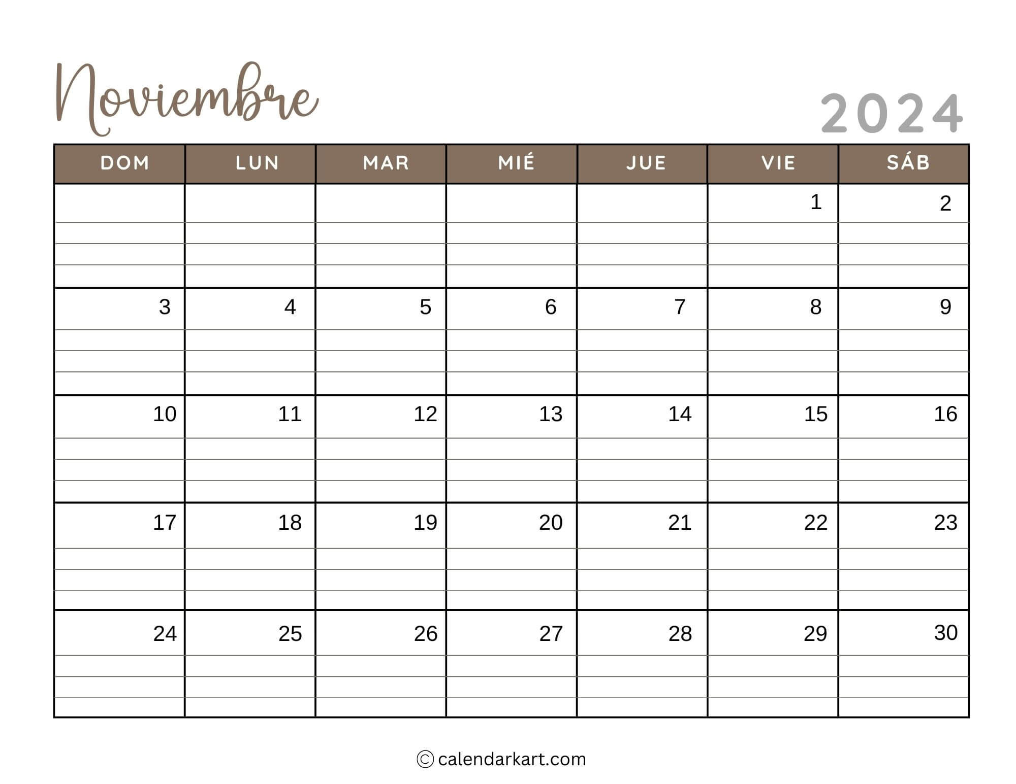 38 Printable November 2024 Calendars | Free Pdf - Calendarkart for November 2024 Printable Calendar With Lines