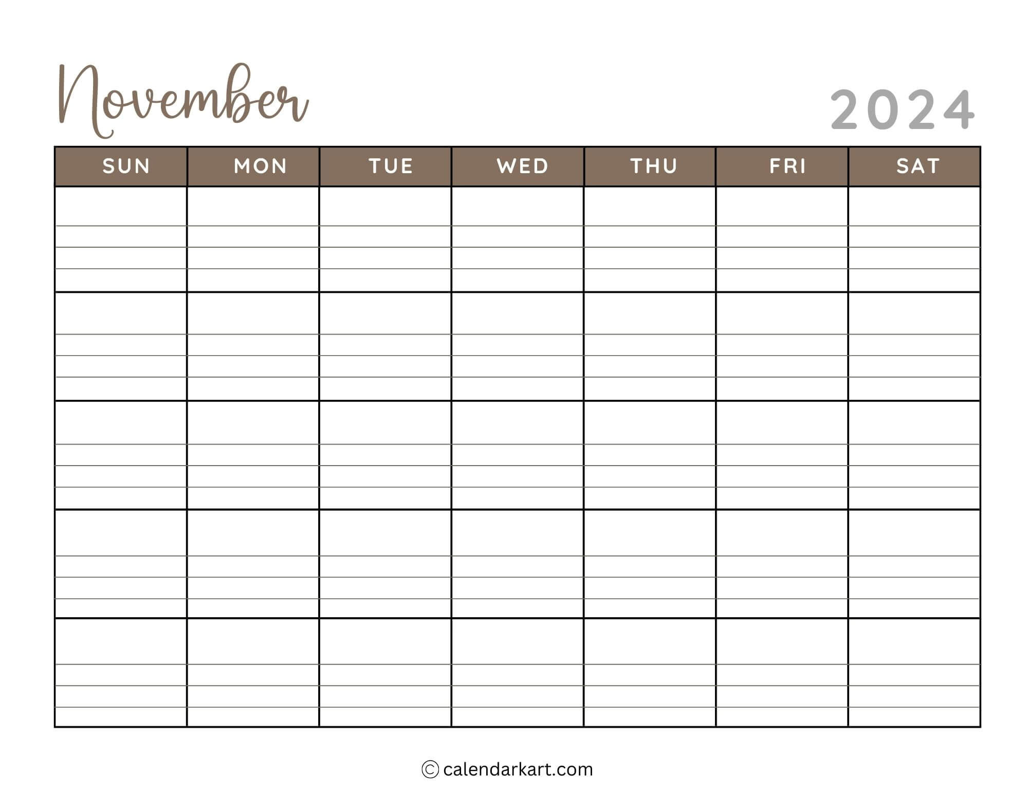 38 Printable November 2024 Calendars | Free Pdf - Calendarkart in November 2024 Calendar Printable With Lines