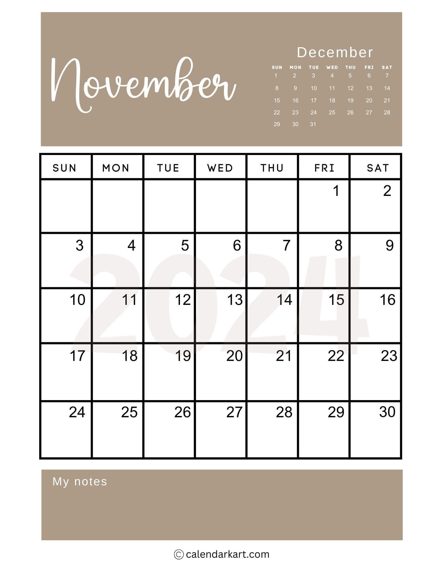 38 Printable November 2024 Calendars | Free Pdf - Calendarkart throughout November 2024 24 Calendar Printable