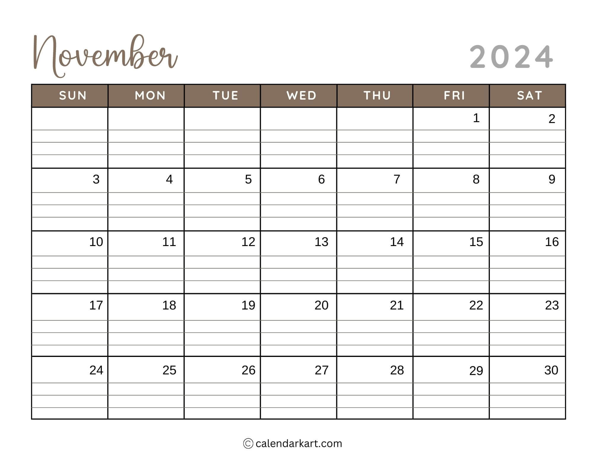 38 Printable November 2024 Calendars | Free Pdf - Calendarkart with November 2024 Printable Calendar Time And Date