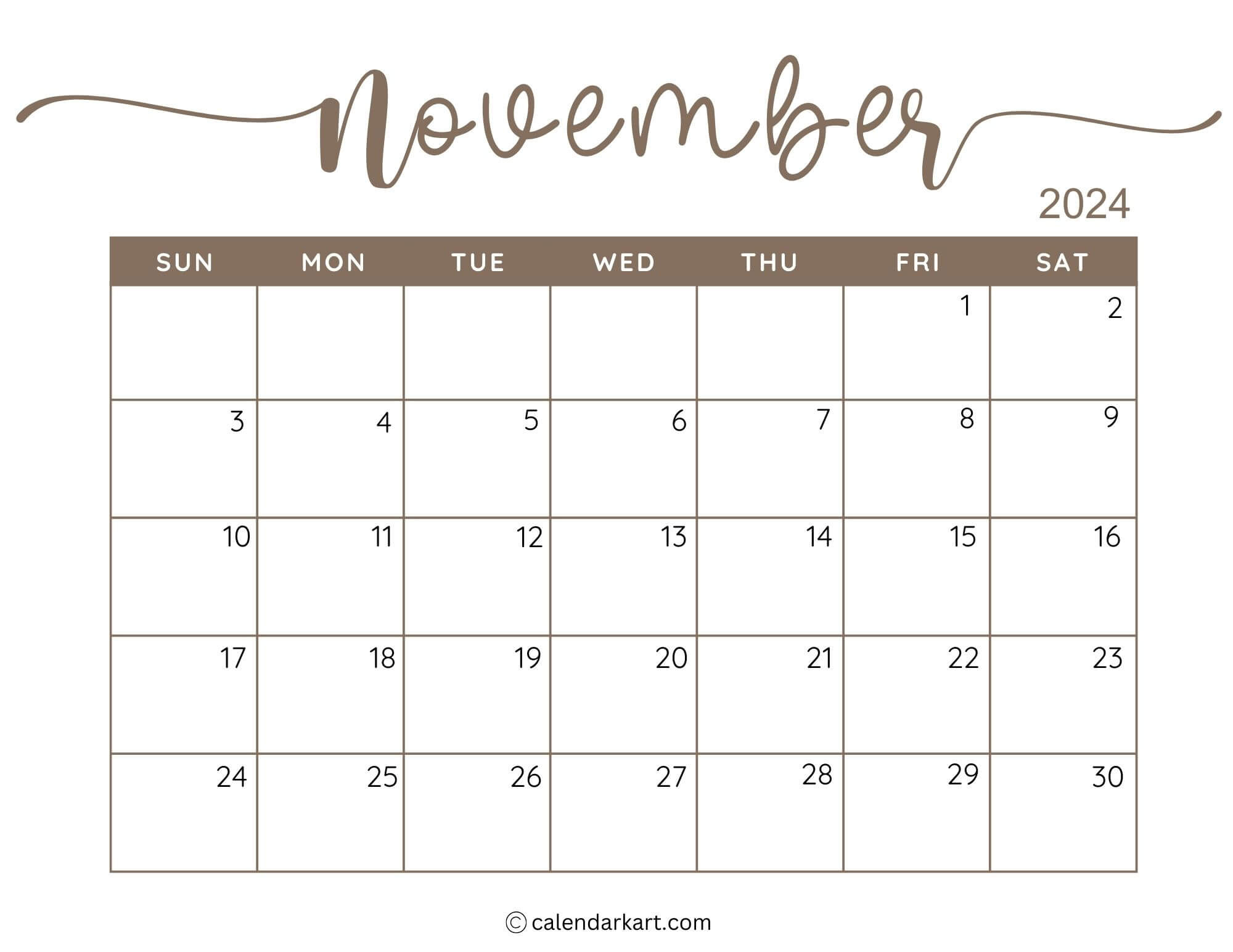 38 Printable November 2024 Calendars | Free Pdf - Calendarkart with regard to Printable November 2024 Calendar Word