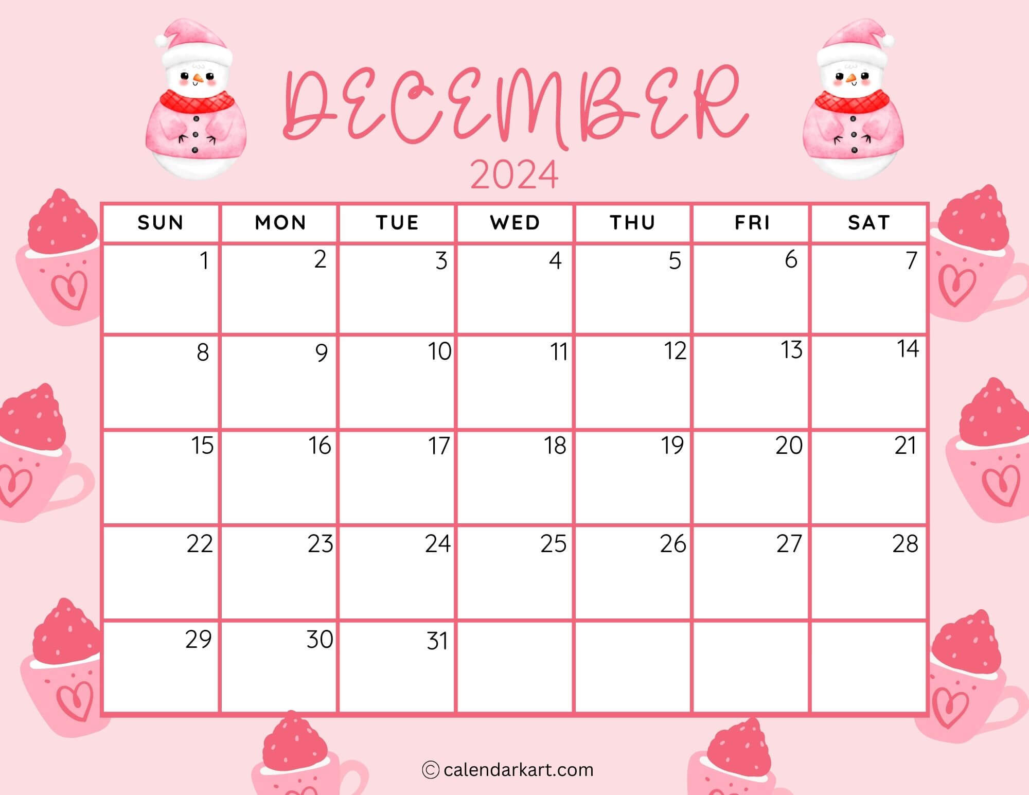 40 Printable December 2024 Calendars | Free Pdf - Calendarkart for Cute December 2024 Calendar Free Printable