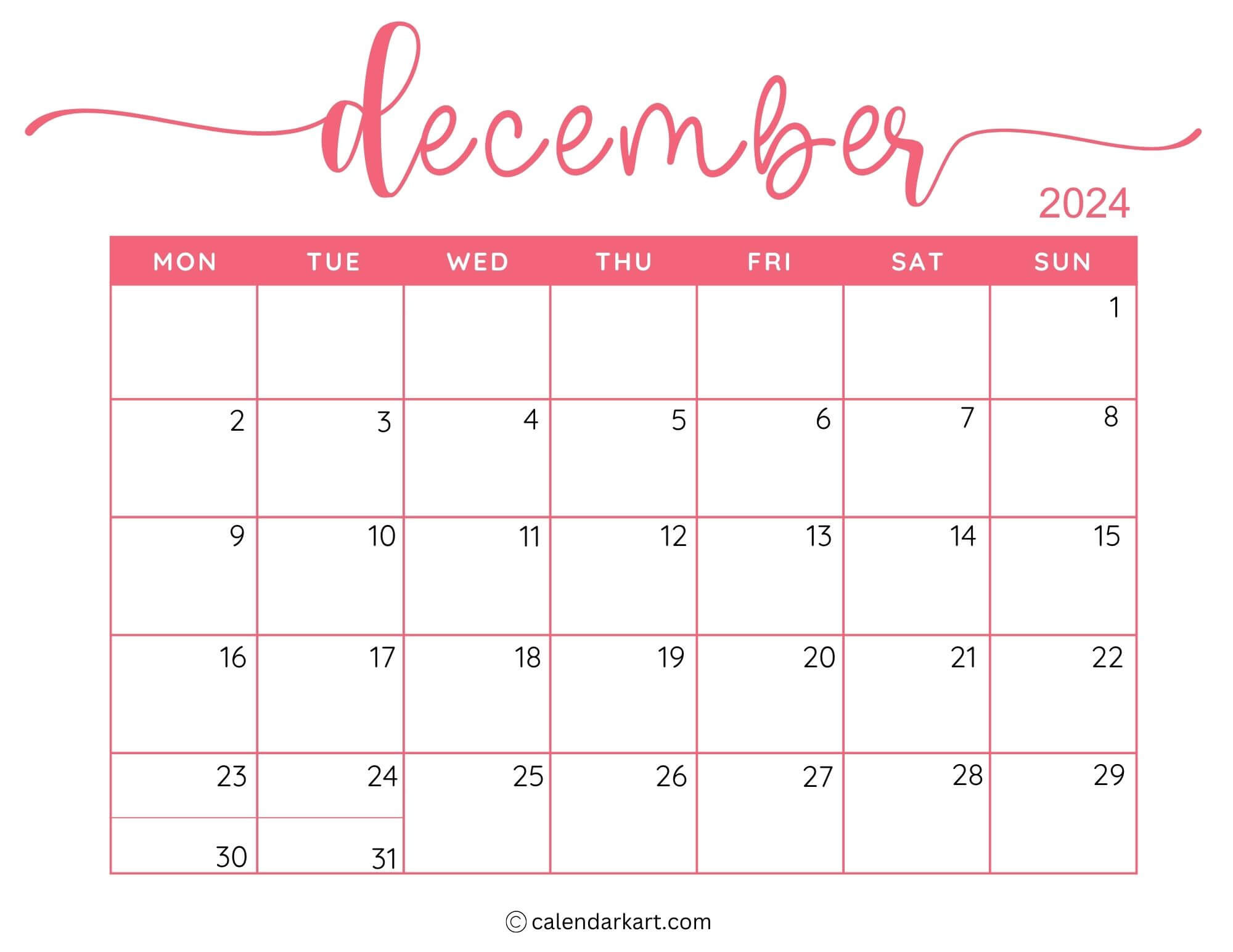 40 Printable December 2024 Calendars | Free Pdf - Calendarkart inside 2024 Calendar Printable Starting Monday December