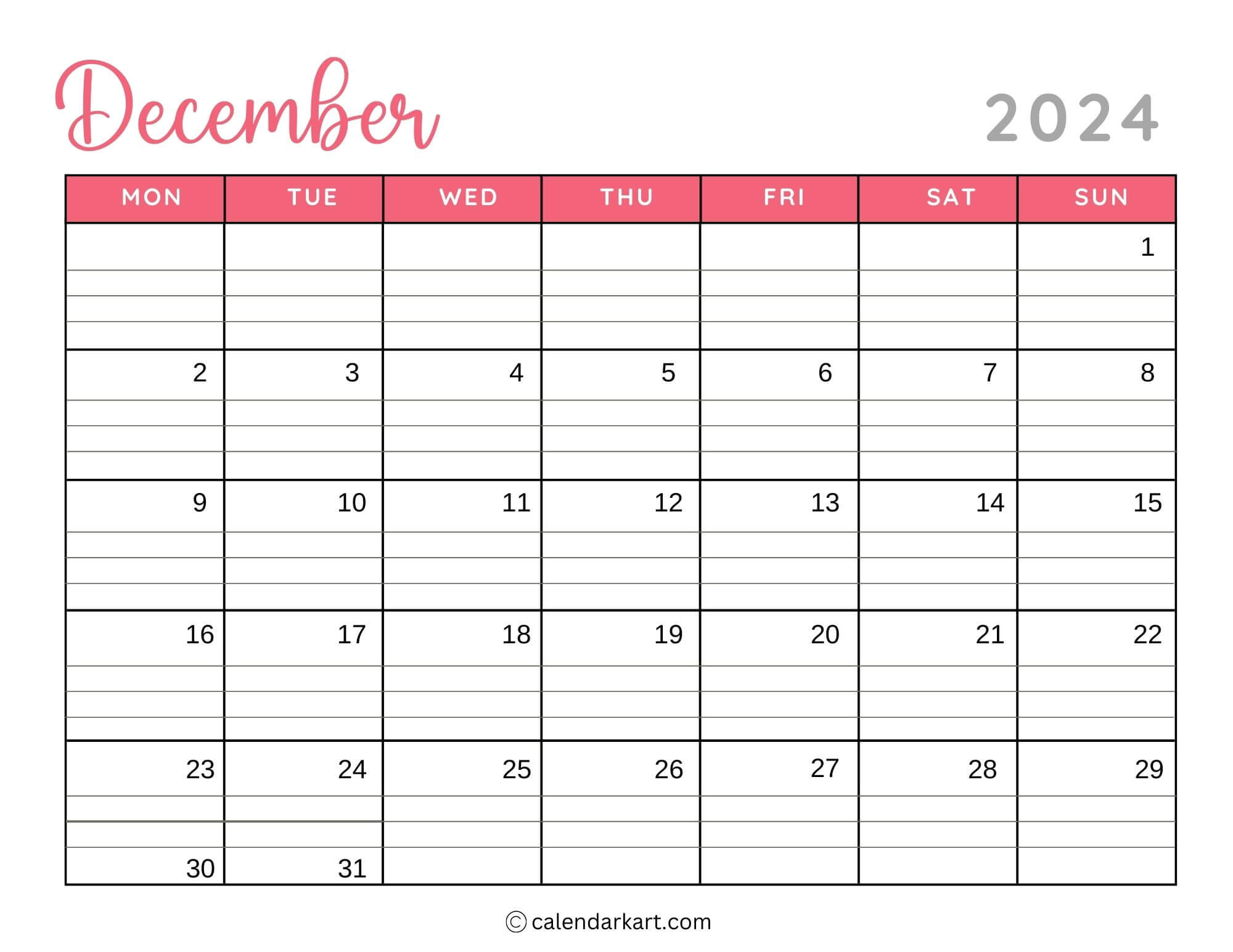 40 Printable December 2024 Calendars | Free Pdf - Calendarkart inside December 2024 Calendar Printable Doc