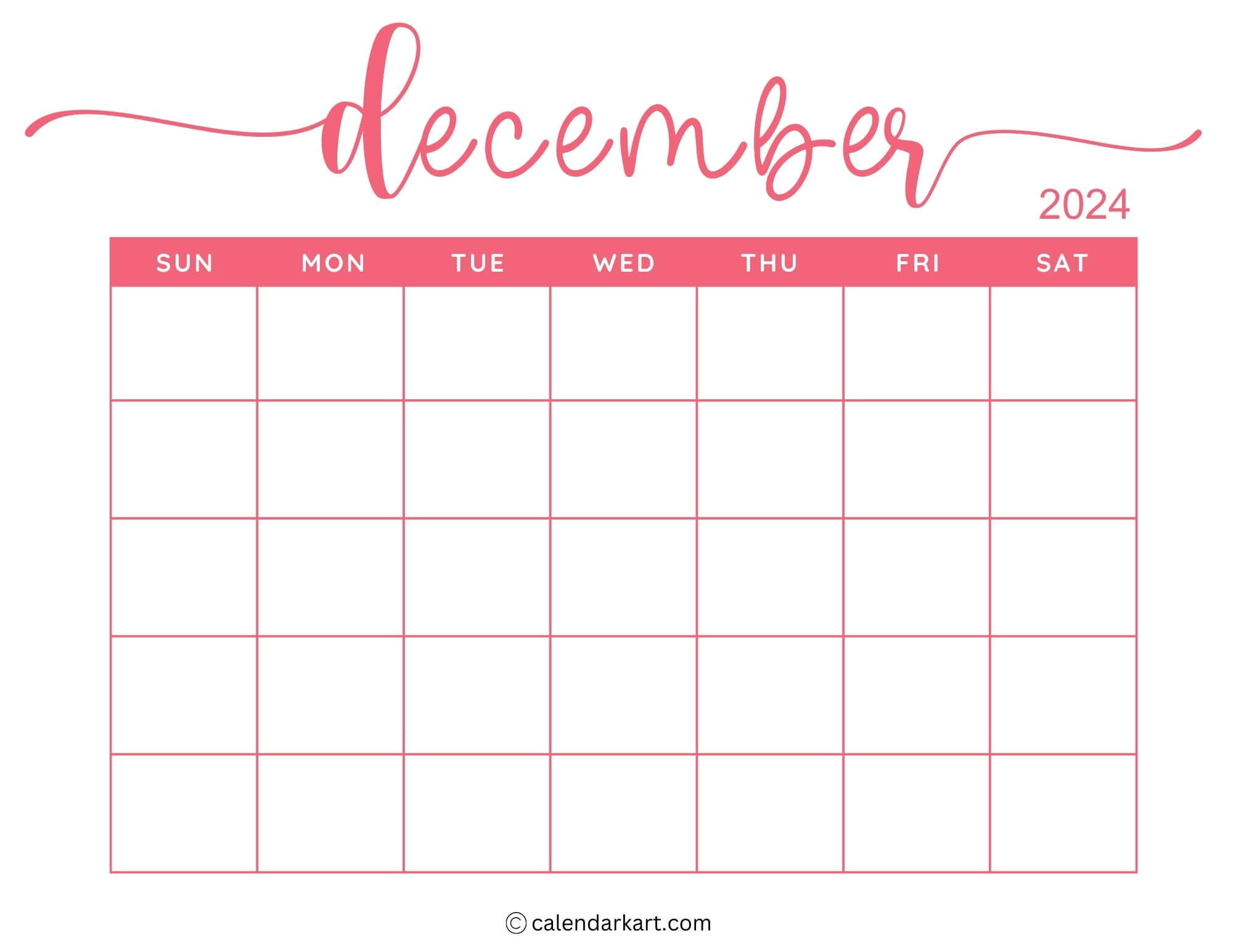 40 Printable December 2024 Calendars | Free Pdf - Calendarkart intended for Blank Calendar 2024 December Printable