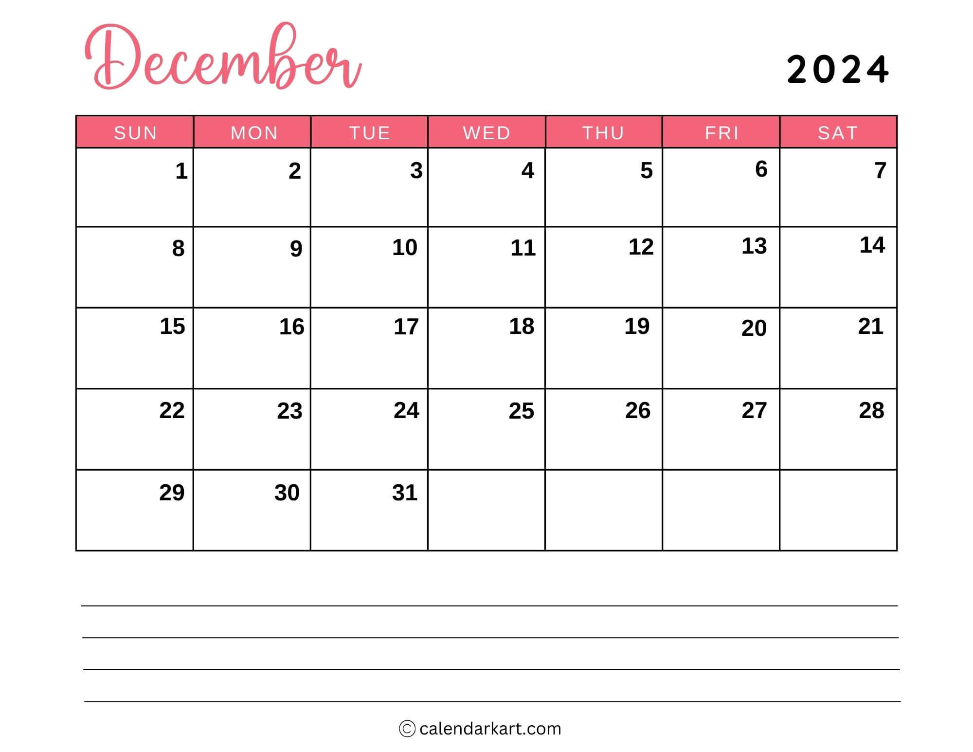 40 Printable December 2024 Calendars | Free Pdf - Calendarkart regarding 8 1 2 X 11 Printable December Calendar 2024