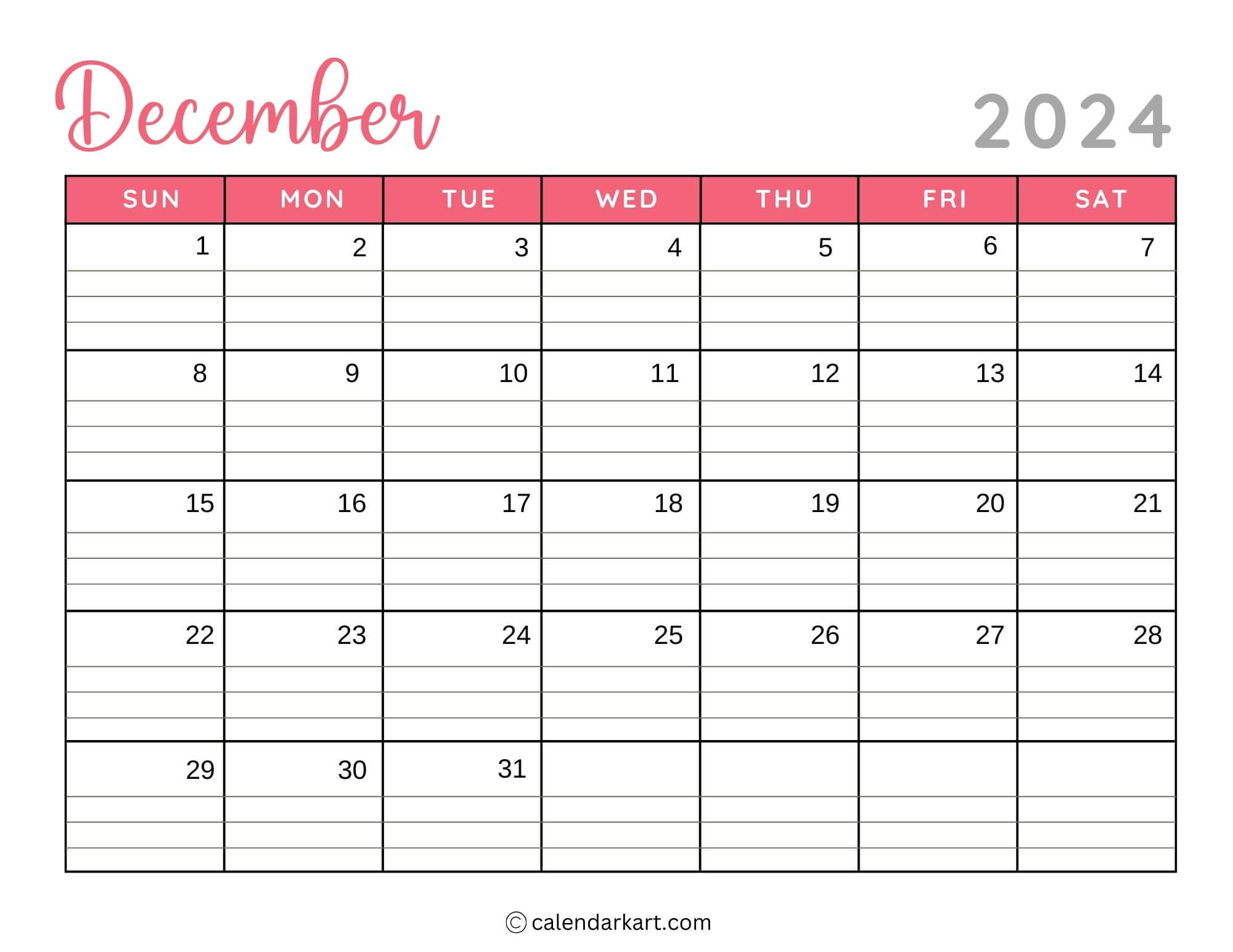 40 Printable December 2024 Calendars | Free Pdf - Calendarkart within December 2024 Calendar Printable