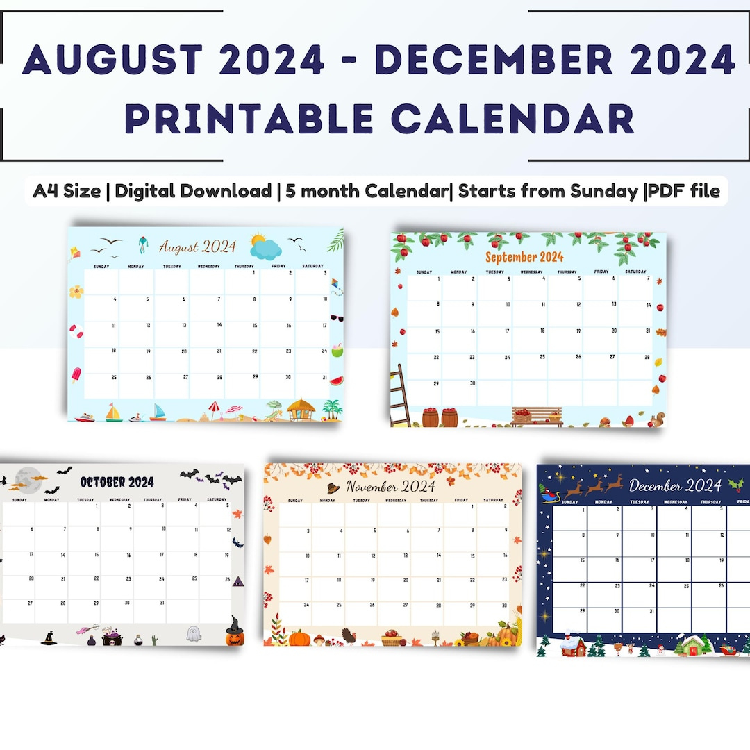 August 2024 Bis Dezember 2024 Kalender, 6-Monats-Querformat, Monatlich, A4, Digital, Sofort-Download, 2024 Druckbar, Kalender Von Monat Zu Monat - within August Thru December 2024 Printable Calendar