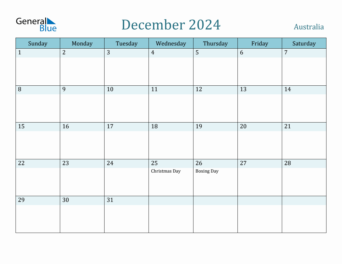 Australia Holiday Calendar For December 2024 intended for December 2024 Calendar Australia Printable