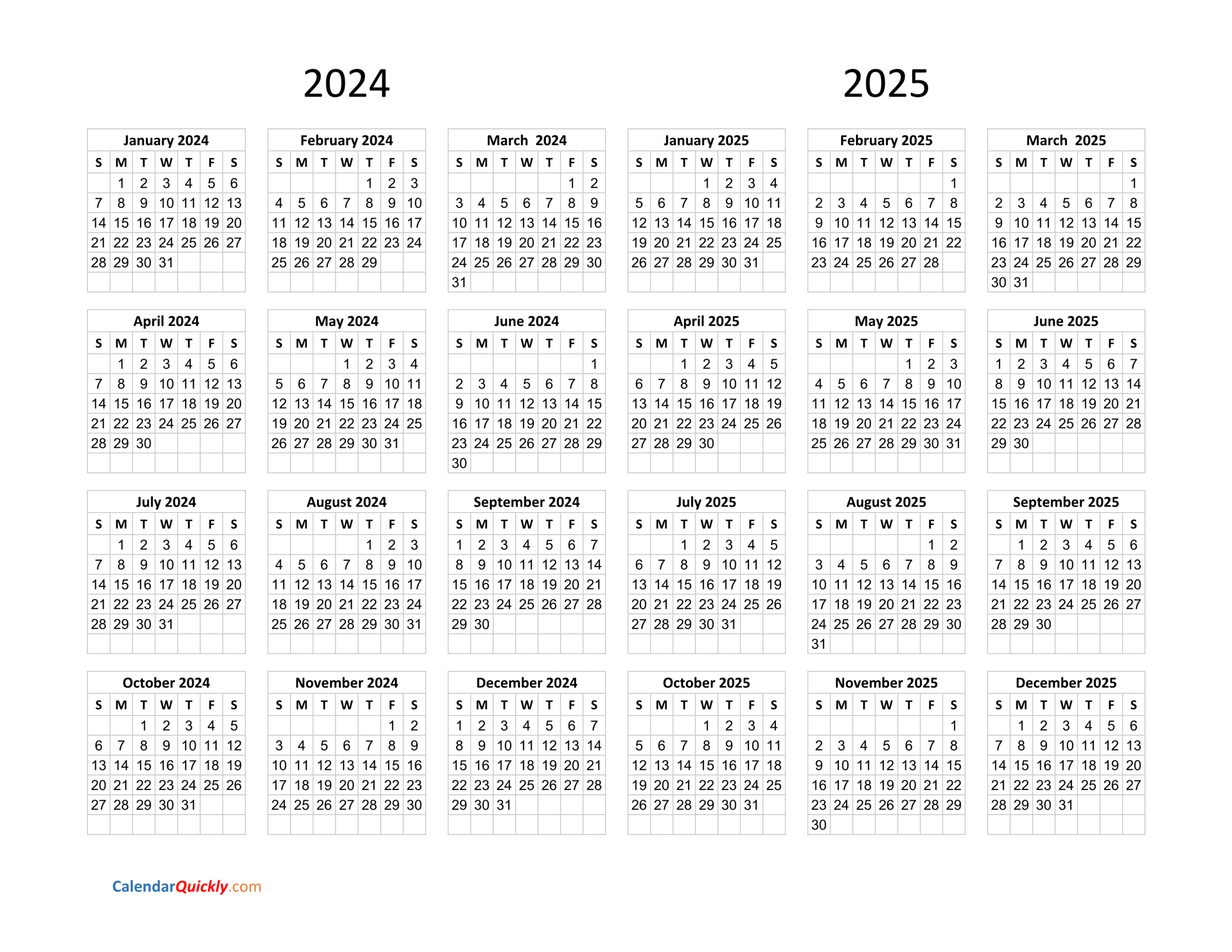 Calendar 2024 And 2025 On One Page | Calendar Quickly for 2024 And 2025 Calendar Printable December