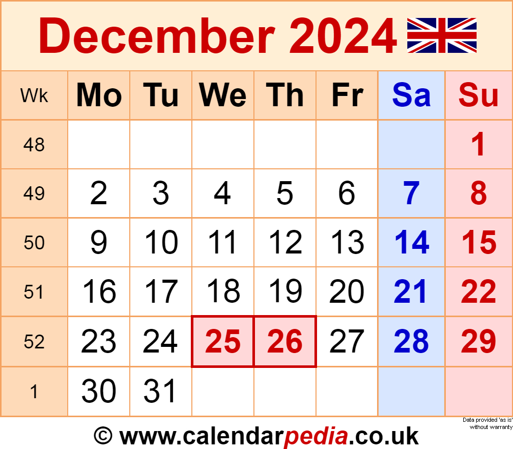 Calendar December 2024 Uk With Excel, Word And Pdf Templates throughout December 2024 Calendar Uk Printable