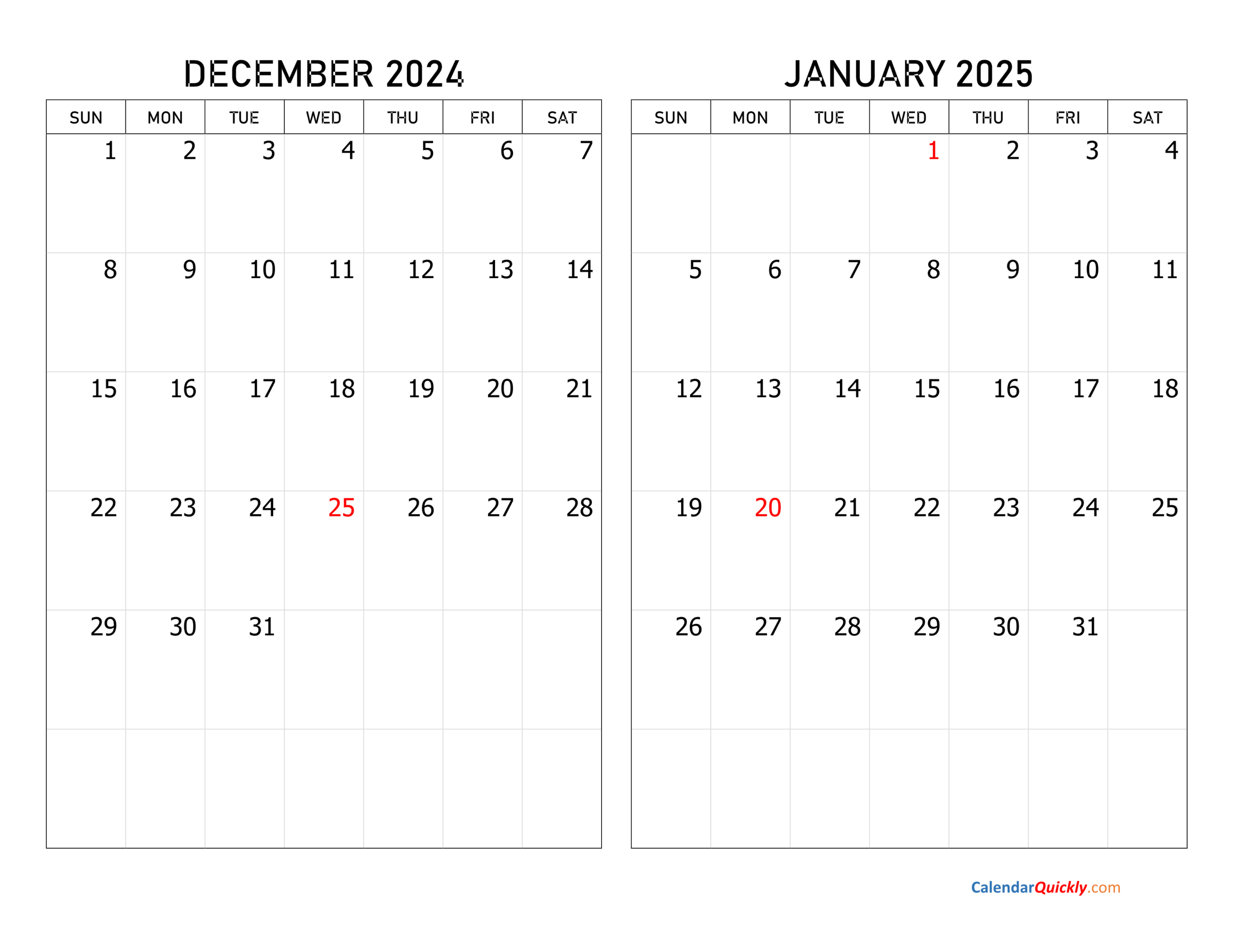 December 2024 And January 2025 Calendar | Calendar Quickly for Printable December 2024 January 2025 Calendar