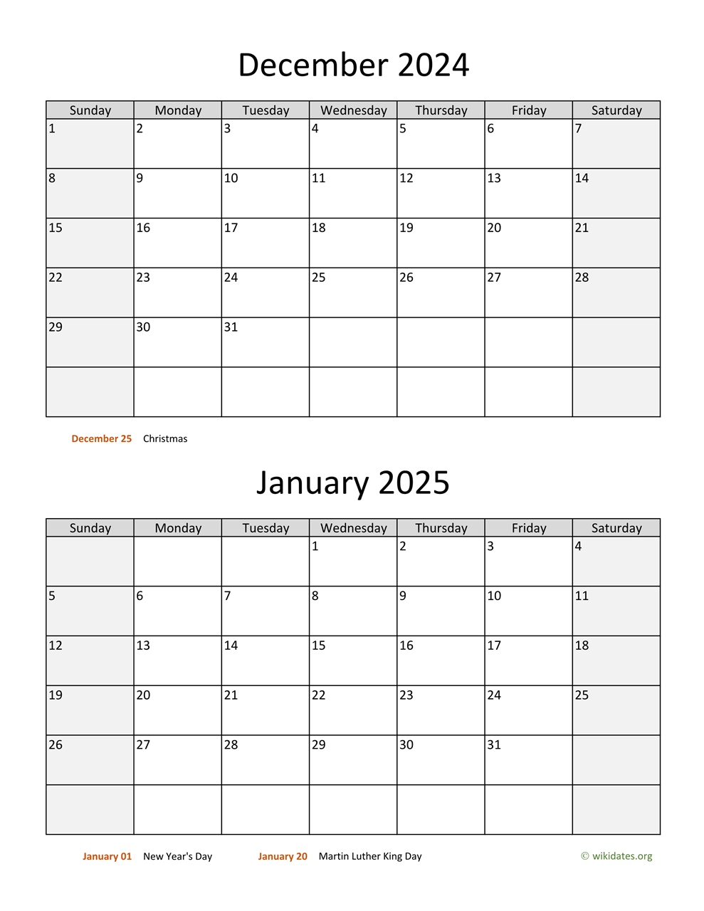 December 2024 And January 2025 Calendar | Wikidates in December 2024 Jan 2025 Calendar Printable