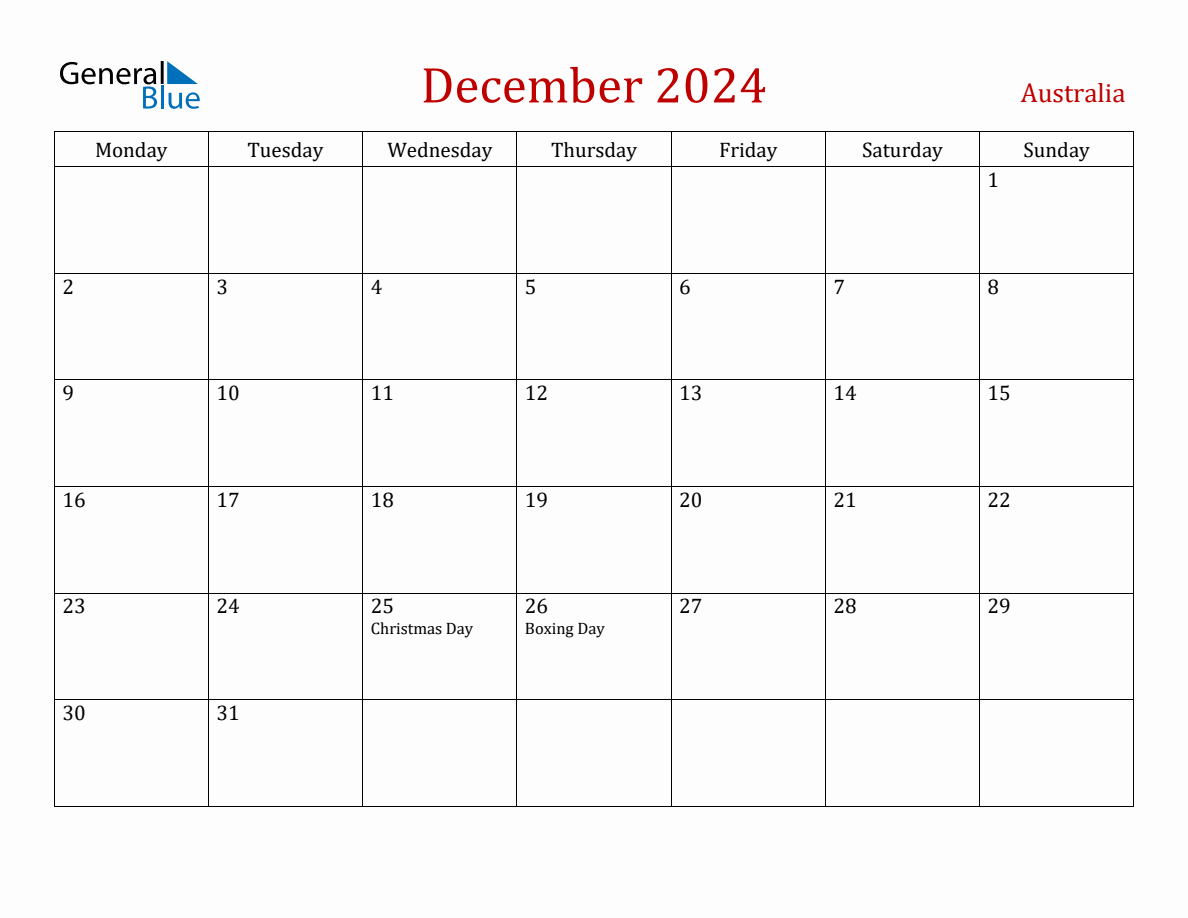 December 2024 Australia Monthly Calendar With Holidays in Calendar December 2024 Australia Printable