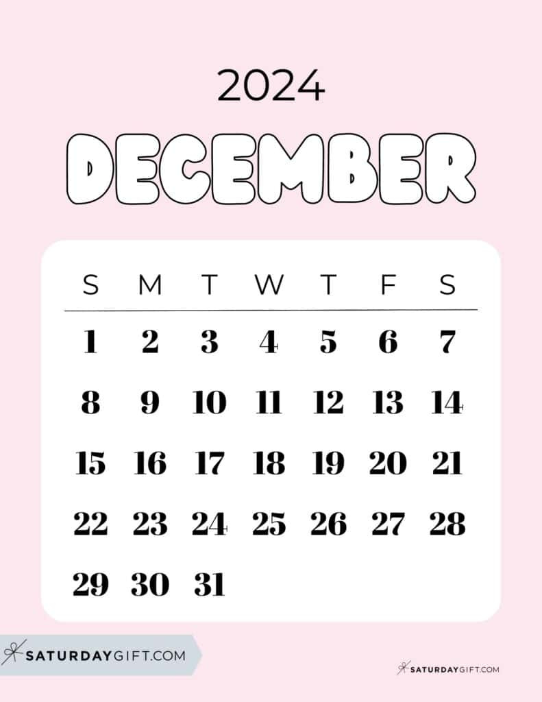 December 2024 Calendar - 20 Cute &amp;amp; Free Printables | Saturdaygift for Cute December Calendar 2024 Printable