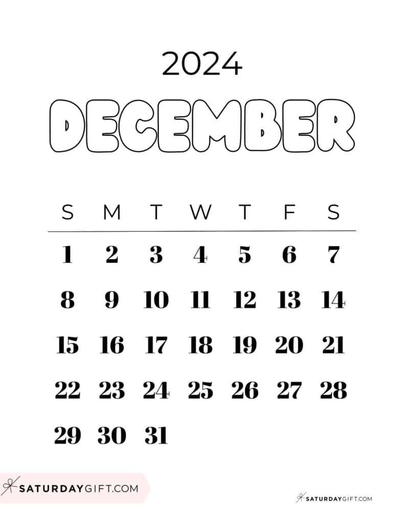 December 2024 Calendar - 20 Cute &amp;amp; Free Printables | Saturdaygift with regard to Cute Printable December 2024 Calendar Large Print