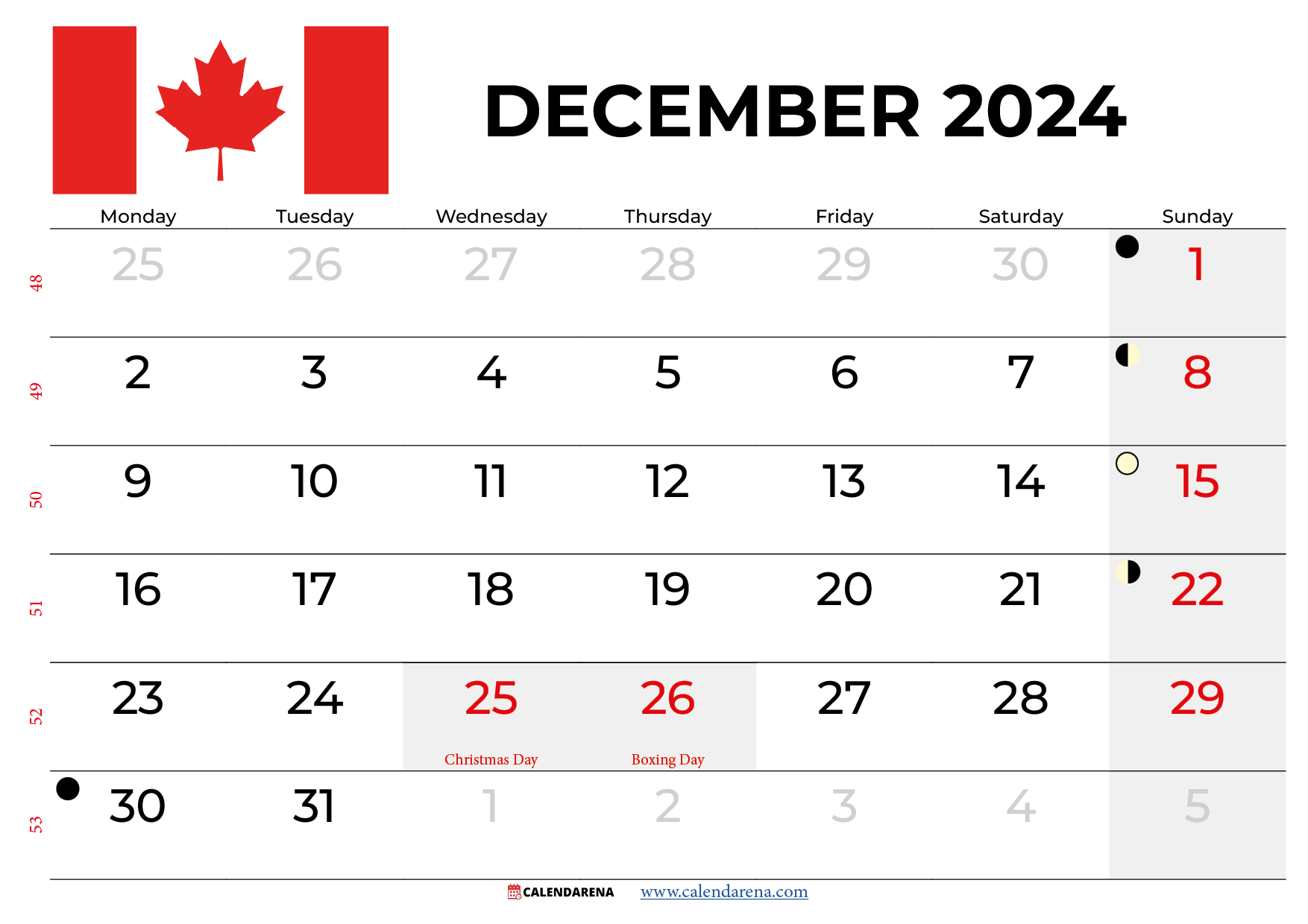 December 2024 Calendar Canada Printable intended for December 2024 Calendar Printable Canada