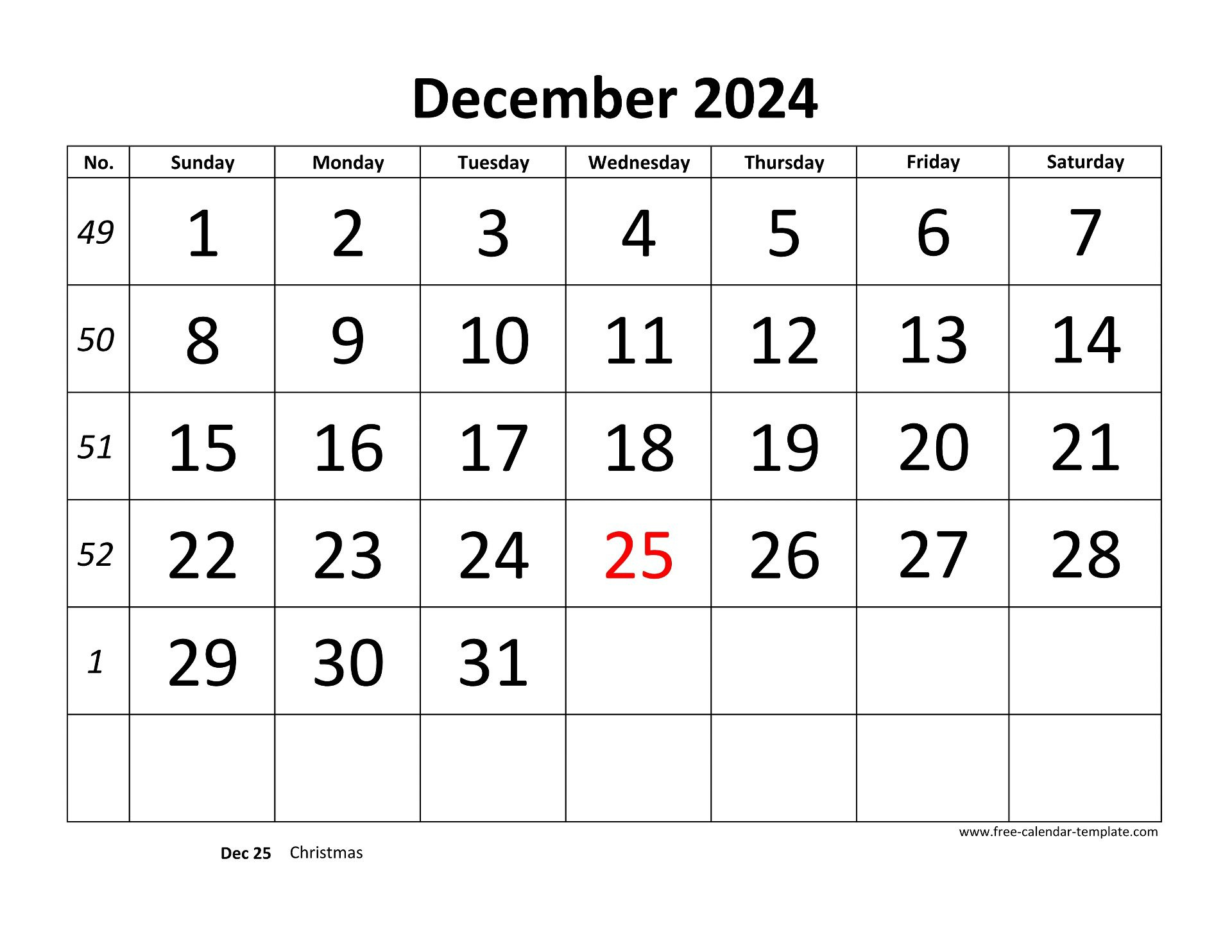 December 2024 Calendar Designed With Large Font (Horizontal in Big Printable Calendar December 2024