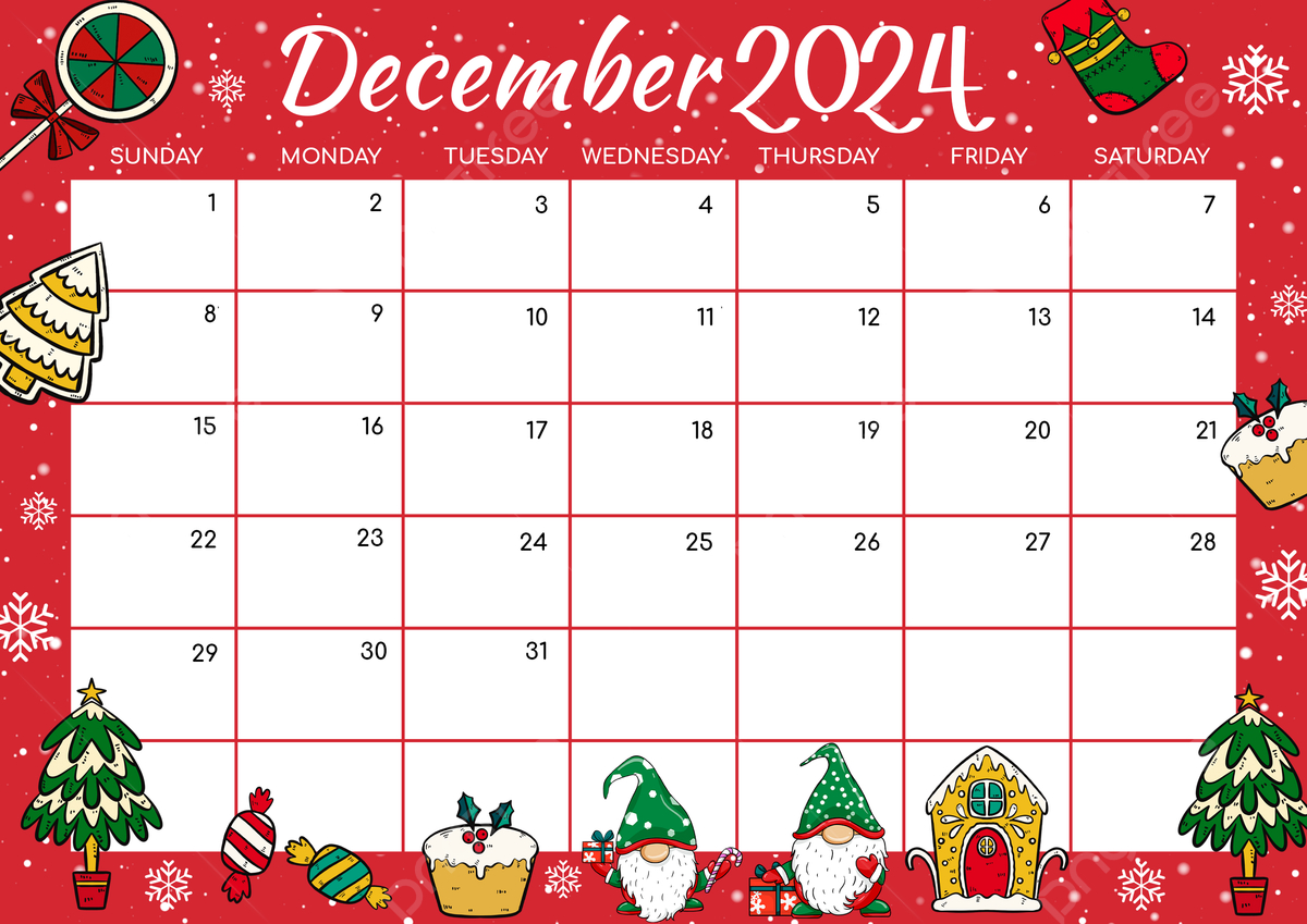 December 2024 Calendar Multicolor Cartoon Style Christmas Template throughout December 2024 Calendar Free Printable Clipart