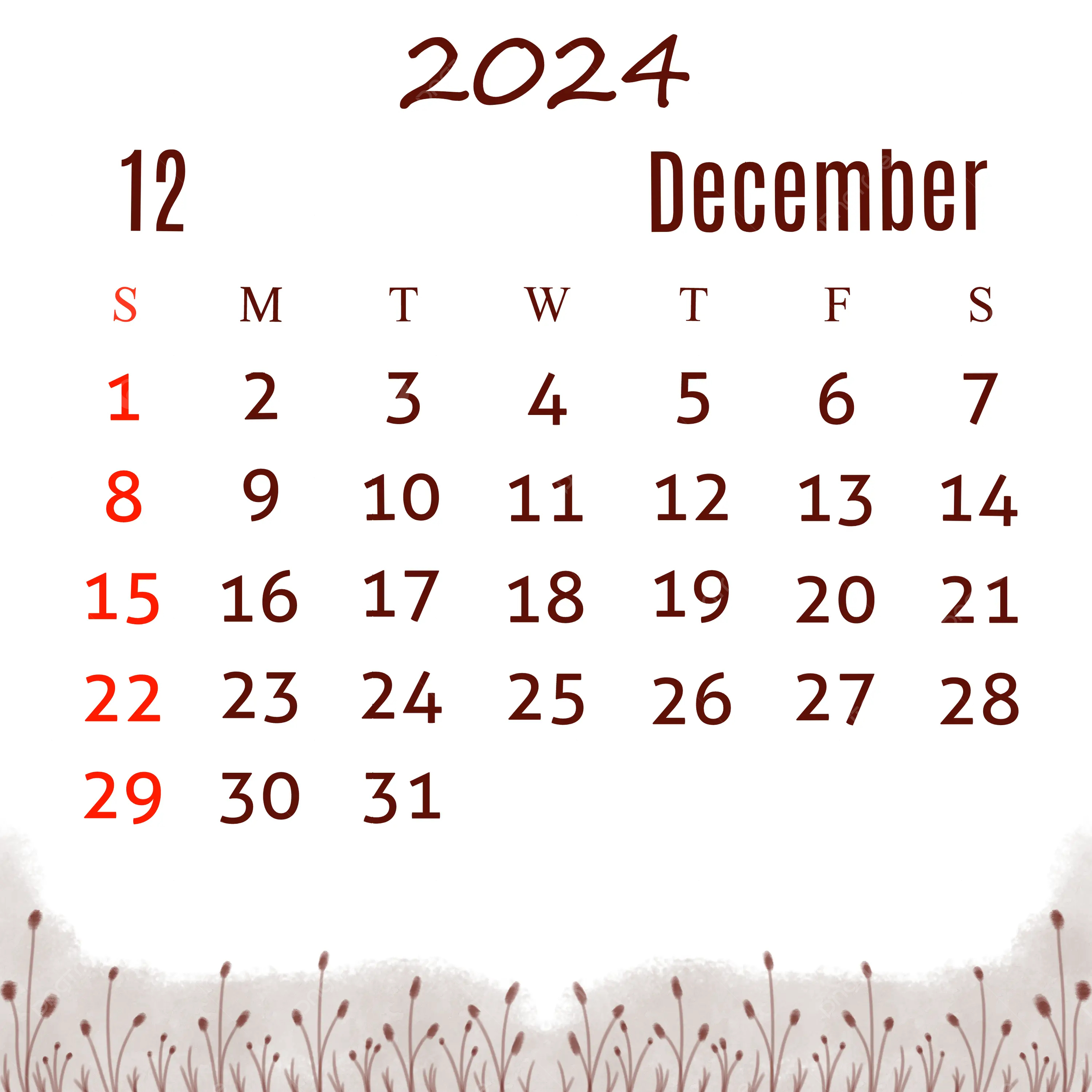 December 2024 Calendar With White Background And Brown Flowers intended for December 2024 Calendar Printable Clipart