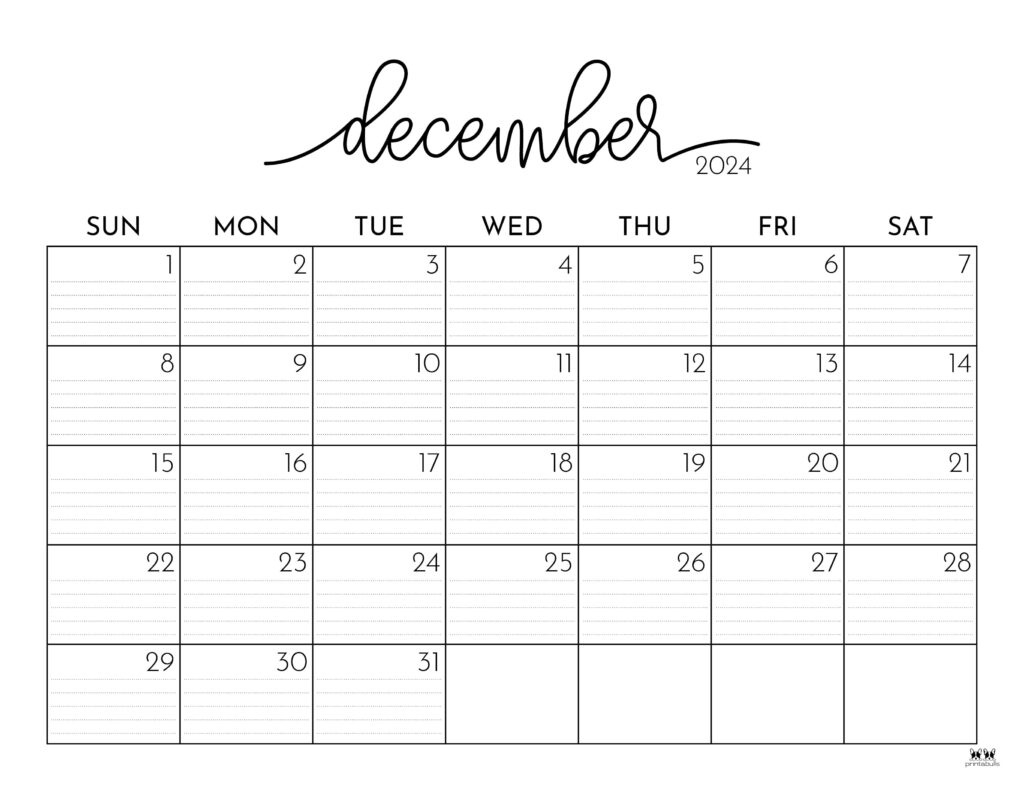 December 2024 Calendars - 50 Free Printables | Printabulls in December 2024 Calendar Numbers Printable