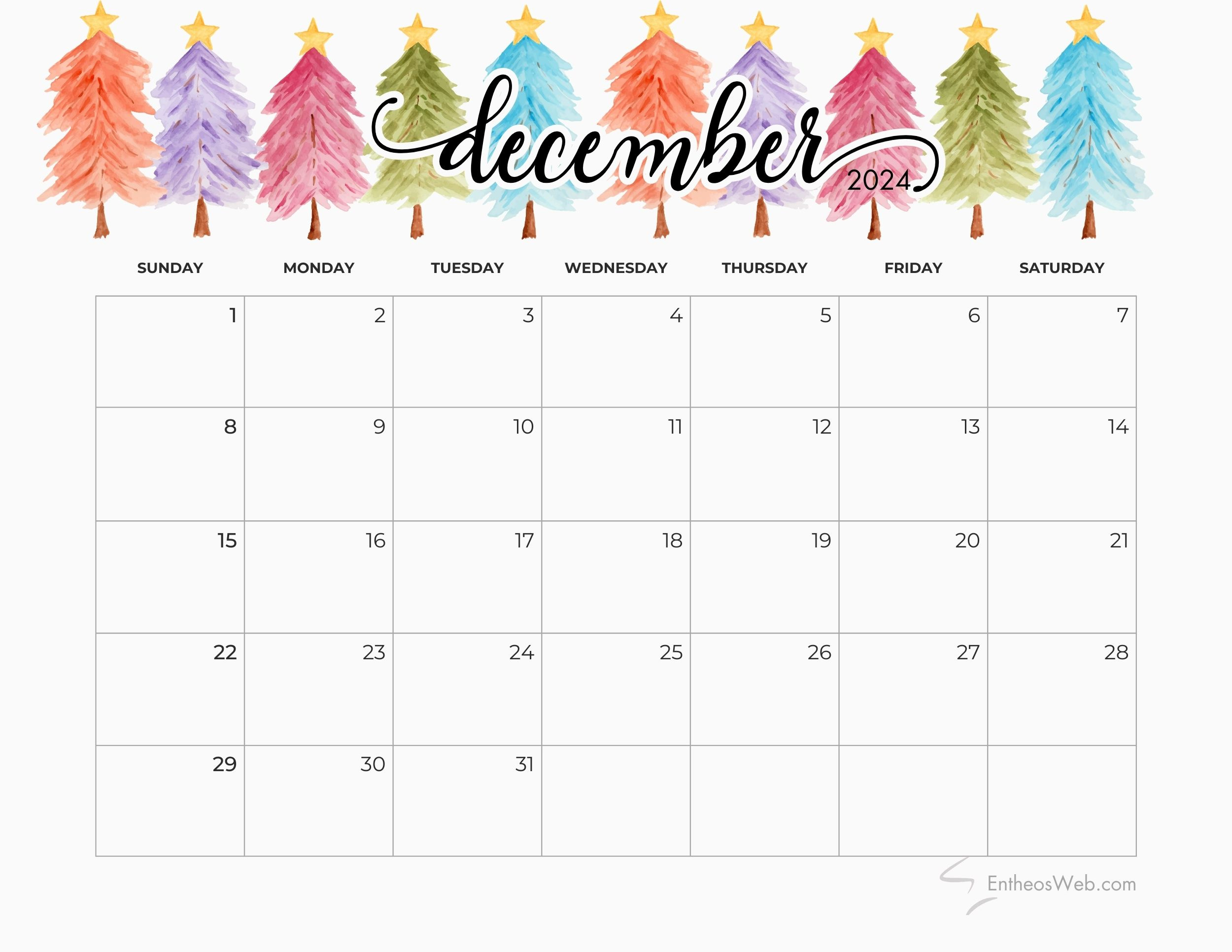 December 2024 Calendars | Entheosweb for December 2024 Calendar Christmas Printable Free