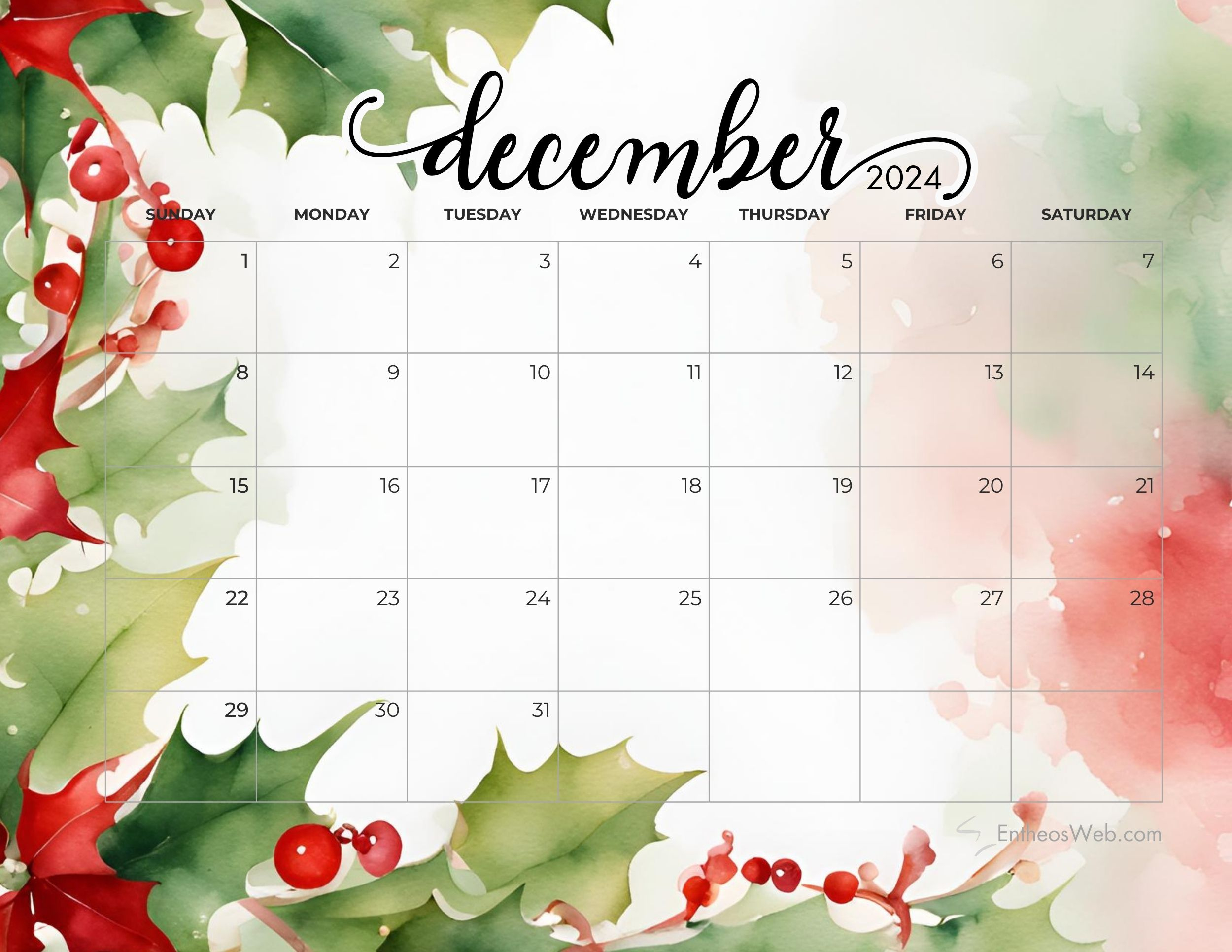 December 2024 Calendars | Entheosweb in December 2024 Color Coded Calendar Pages Printable