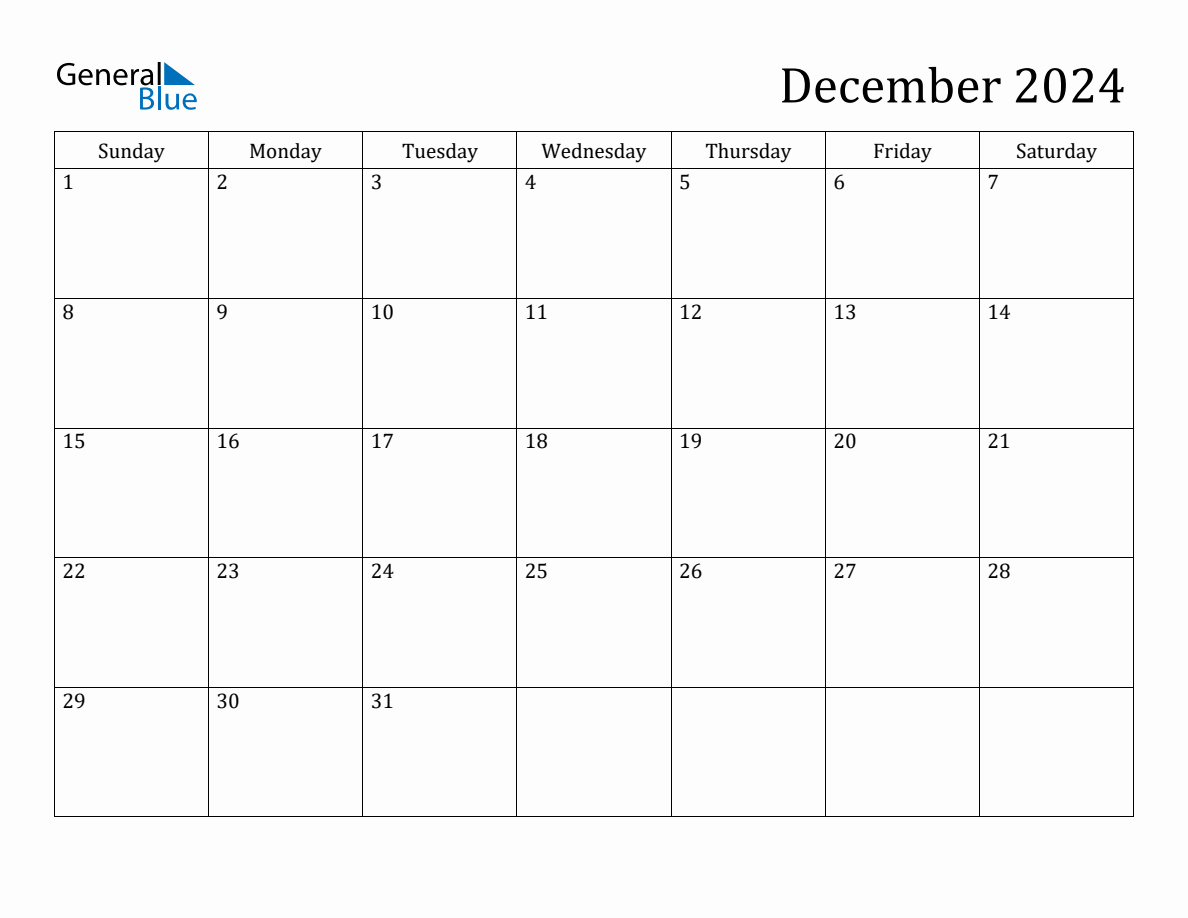 December 2024 Monthly Calendar for Blue Calendar Printable For December 2024