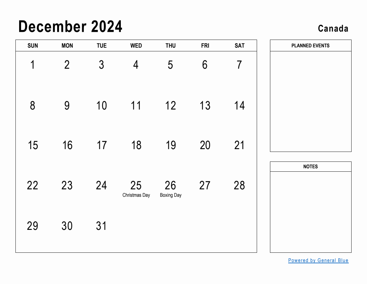 December 2024 Planner With Canada Holidays inside December 2024 Calendar Canada Printable