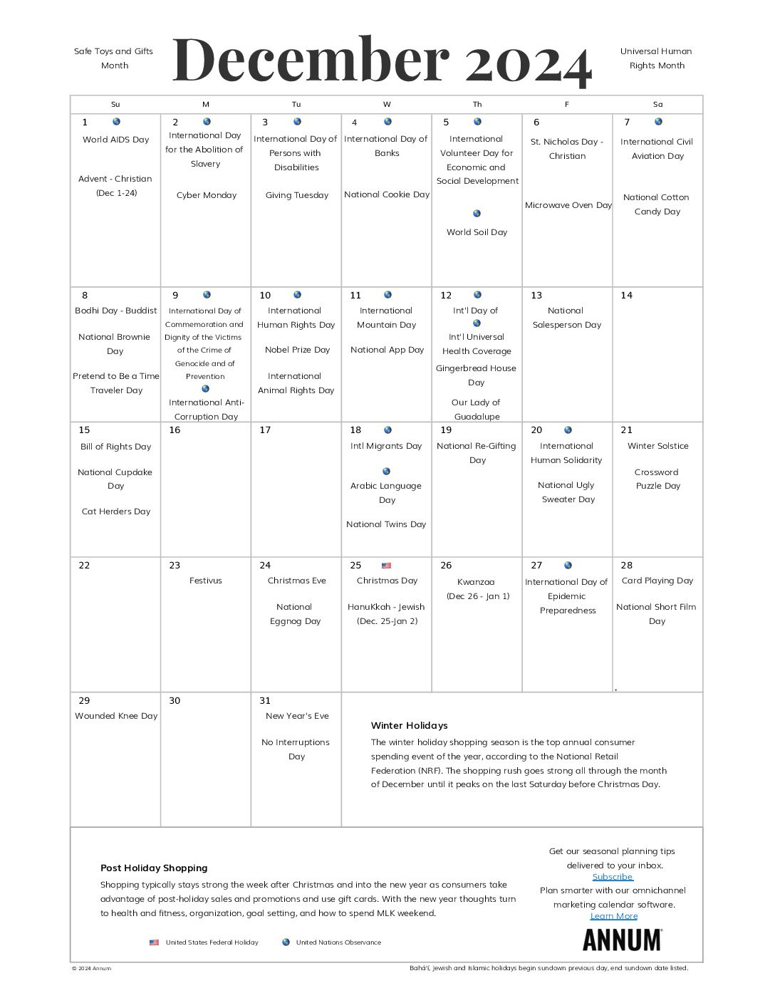 December 2024 Printable Calendar | December Holidays | Annum in December 2024 Holidays Printable Calendar