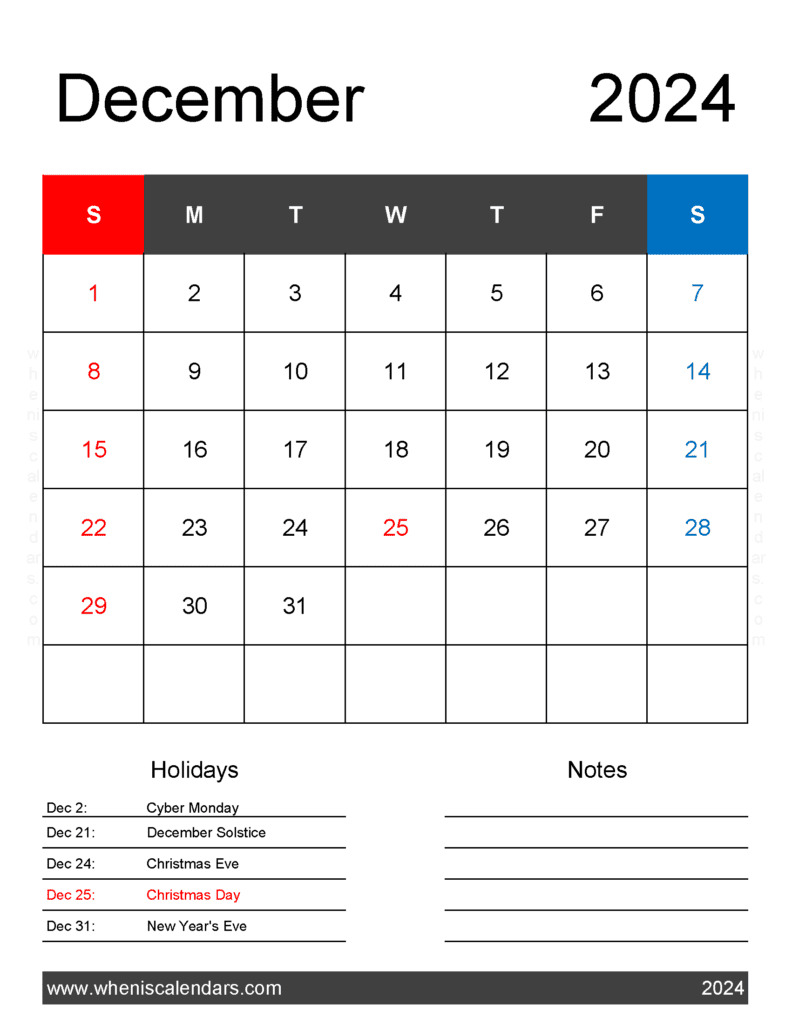 December 2024 Printable Calendar Waterproof Monthly Calendar for 2024 December Printable Calendar Waterproof