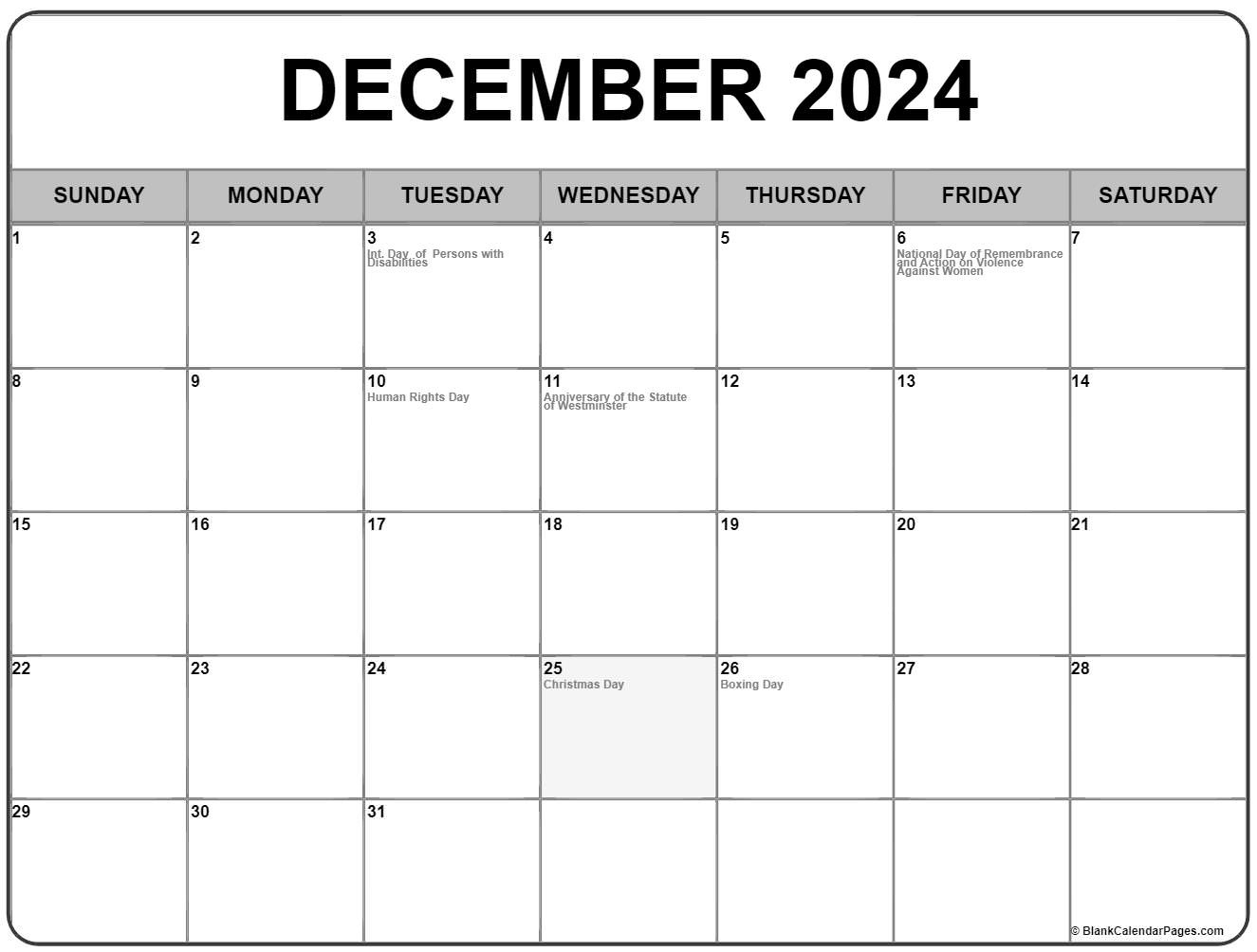 December 2024 With Holidays Calendar for December 2024 Calendar Printable Canada