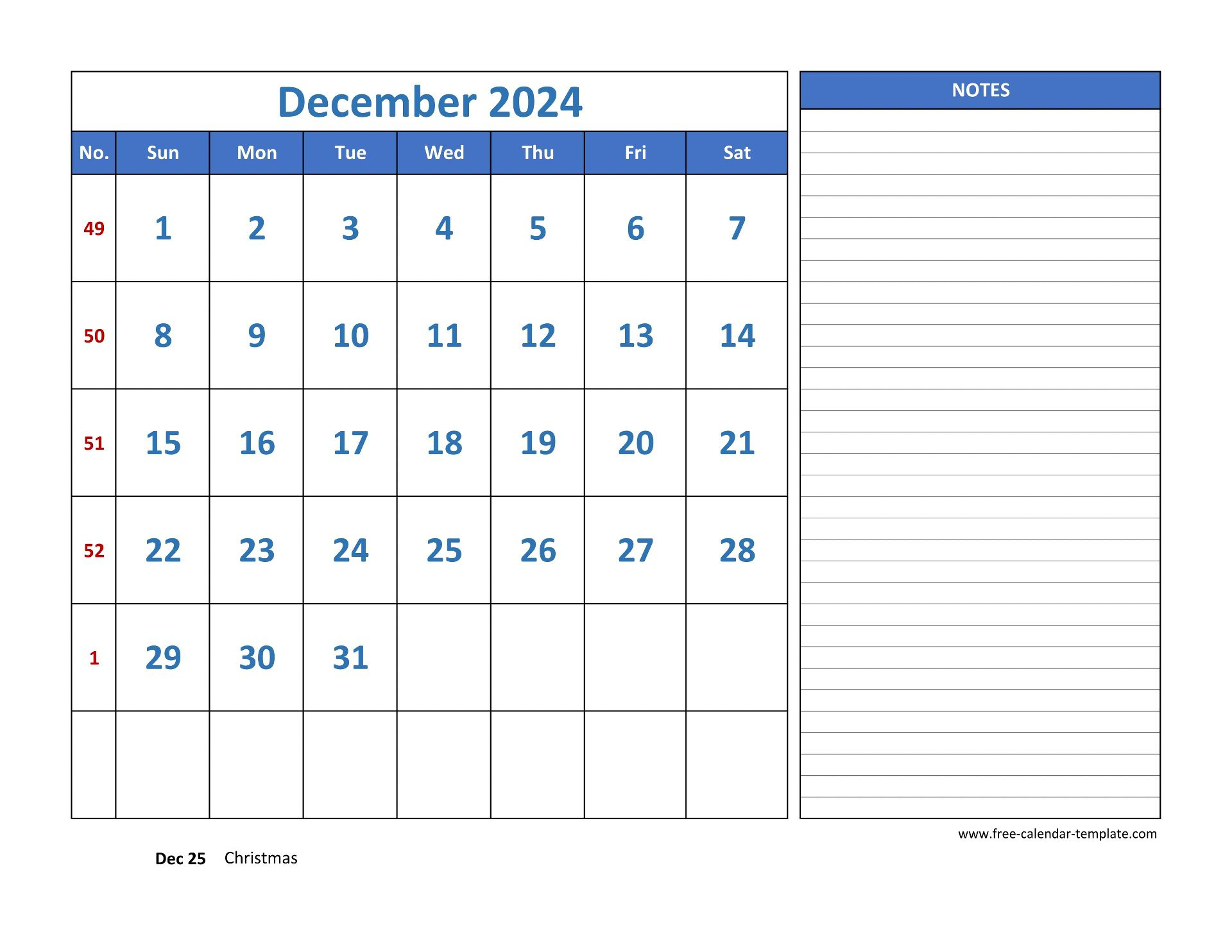 December Calendar 2024 Grid Lines For Holidays And Notes for December 2024 Appoinment Calendar Pages Printable