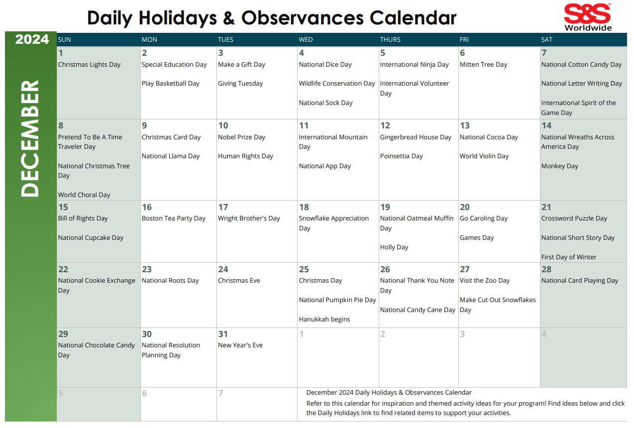 December Daily Holidays &amp;amp; Observances Printable Calendar - S&amp;amp;S Blog regarding December 2024 Holidays Printable Calendar