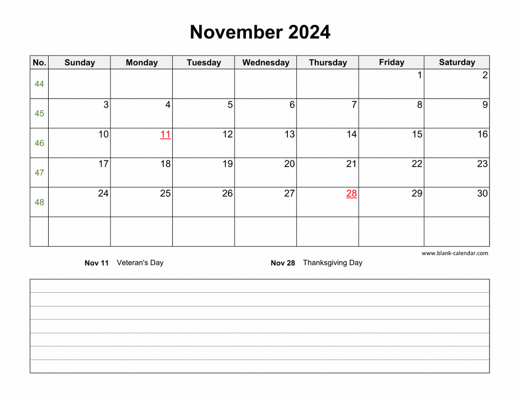 Download November 2024 Blank Calendar With Space For Notes intended for November 2024 Printable Calendar With Notes Section