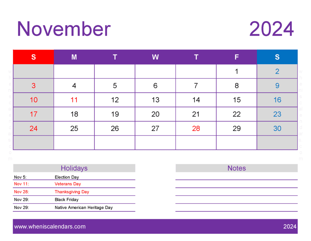 Download November 2024 Printable Calendar Waterproof Letter inside November 2024 Calendar Printable Waterproof