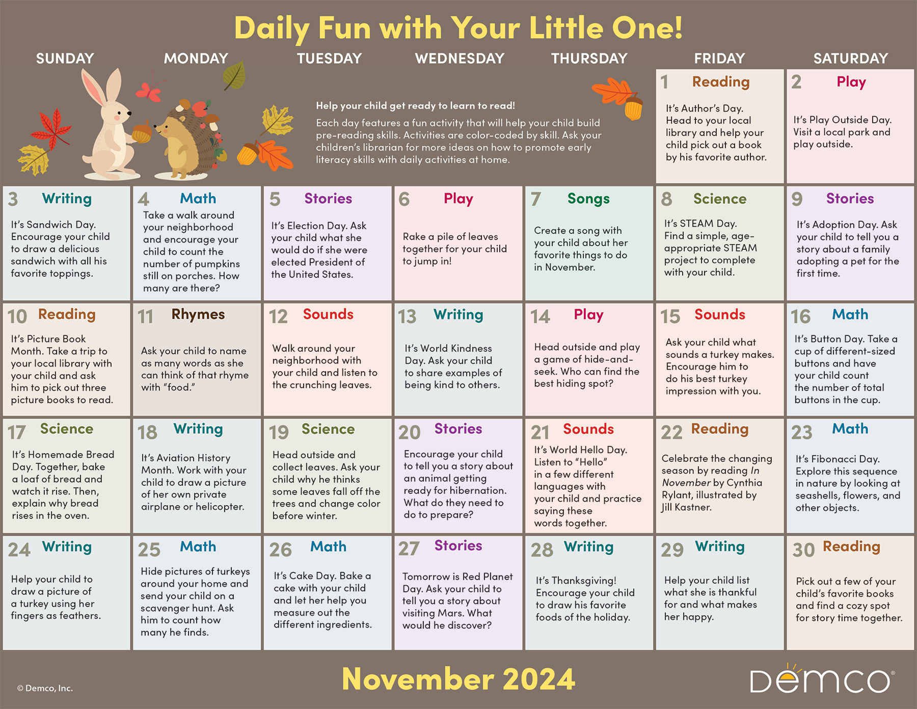 Early Literacy Activities — November 2024: Activities, Books, And regarding November 2024 Calendar Printable For Pre School