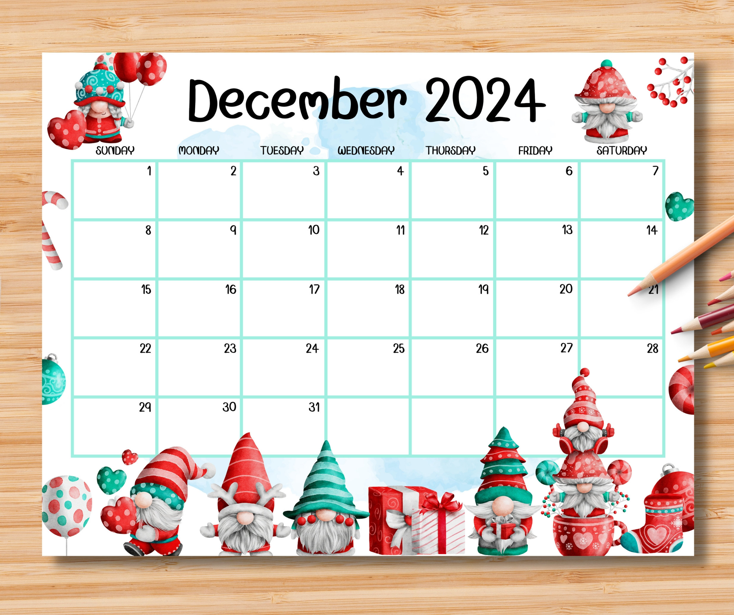 Editable December 2024 Calendar, Adorable Christmas W/ Cute Gnomes in Cute 2024 December Printable Calendar