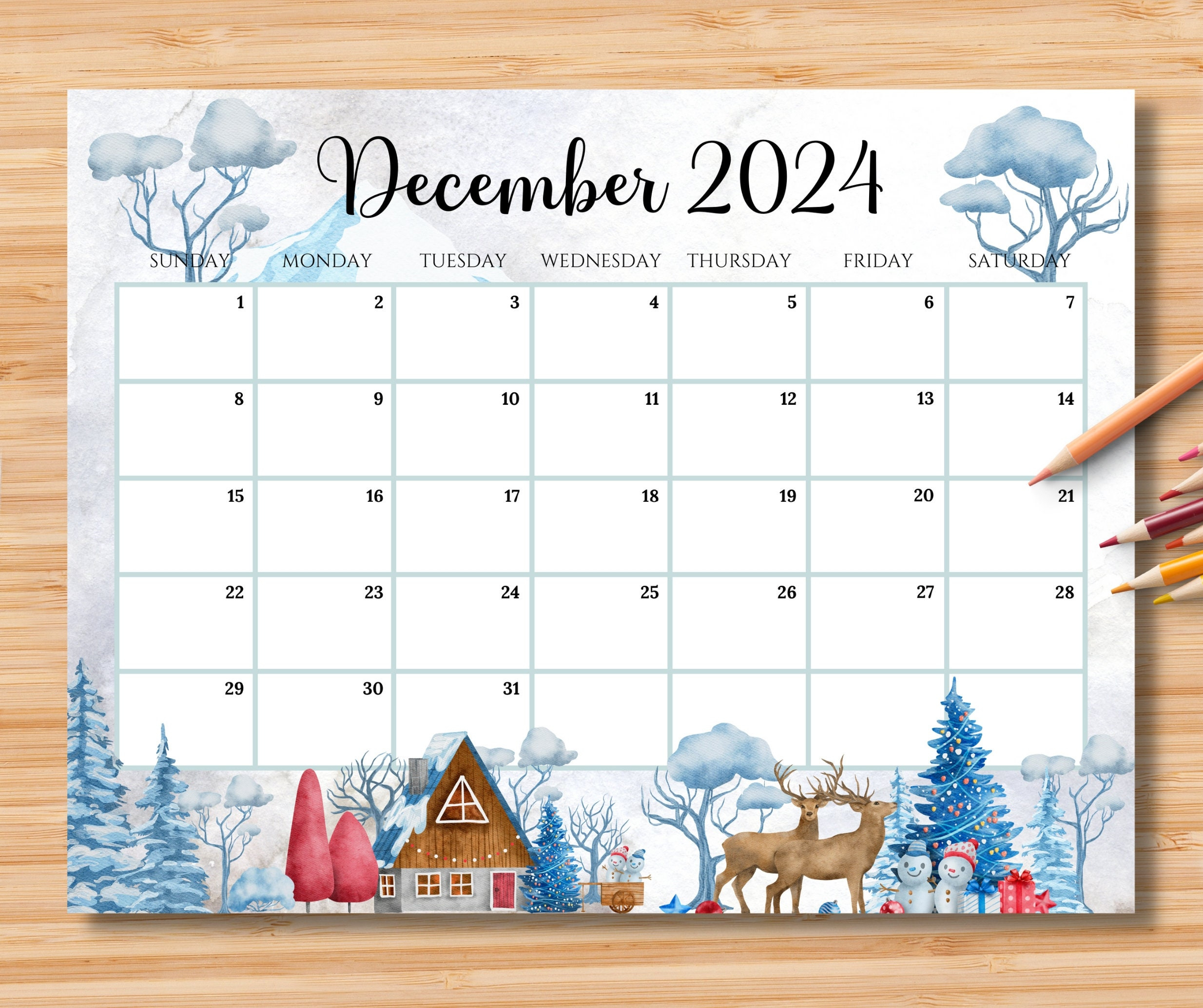 Editable December 2024 Calendar, Beautiful Winter In A Highland in December 2024 Calendar Canada Printable